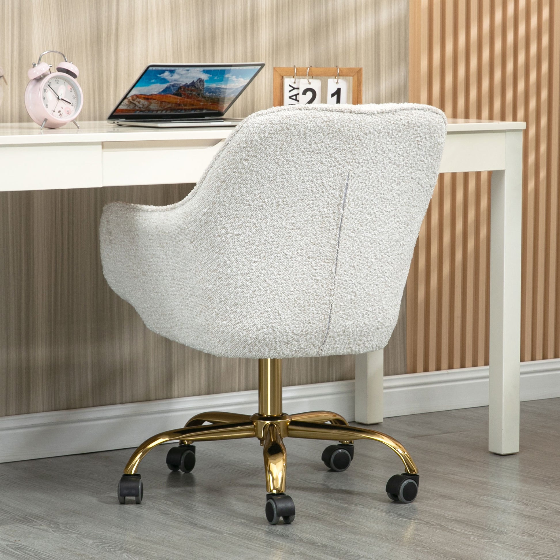 360 Beige Boucle Fabric Swivel Chair With High Back, Adjustable Working Chair With Golden Color Base Beige Velvet