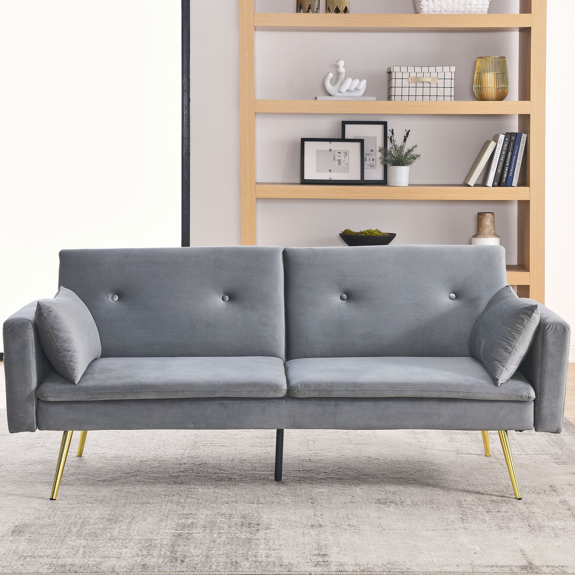 72.5" Convertible Sofa Bed, Adjustable Velvet Sofa Bed Velvet Folding Lounge Recliner Reversible Daybed Ideal For Bedroom With Two Pillows And Center Leg Grey Velvet