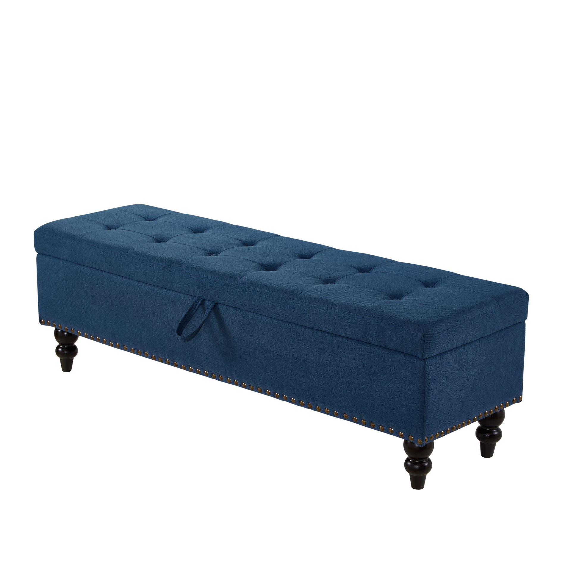 59" Bed Bench With Storage Blue Fabric Blue Foam Cotton Linen