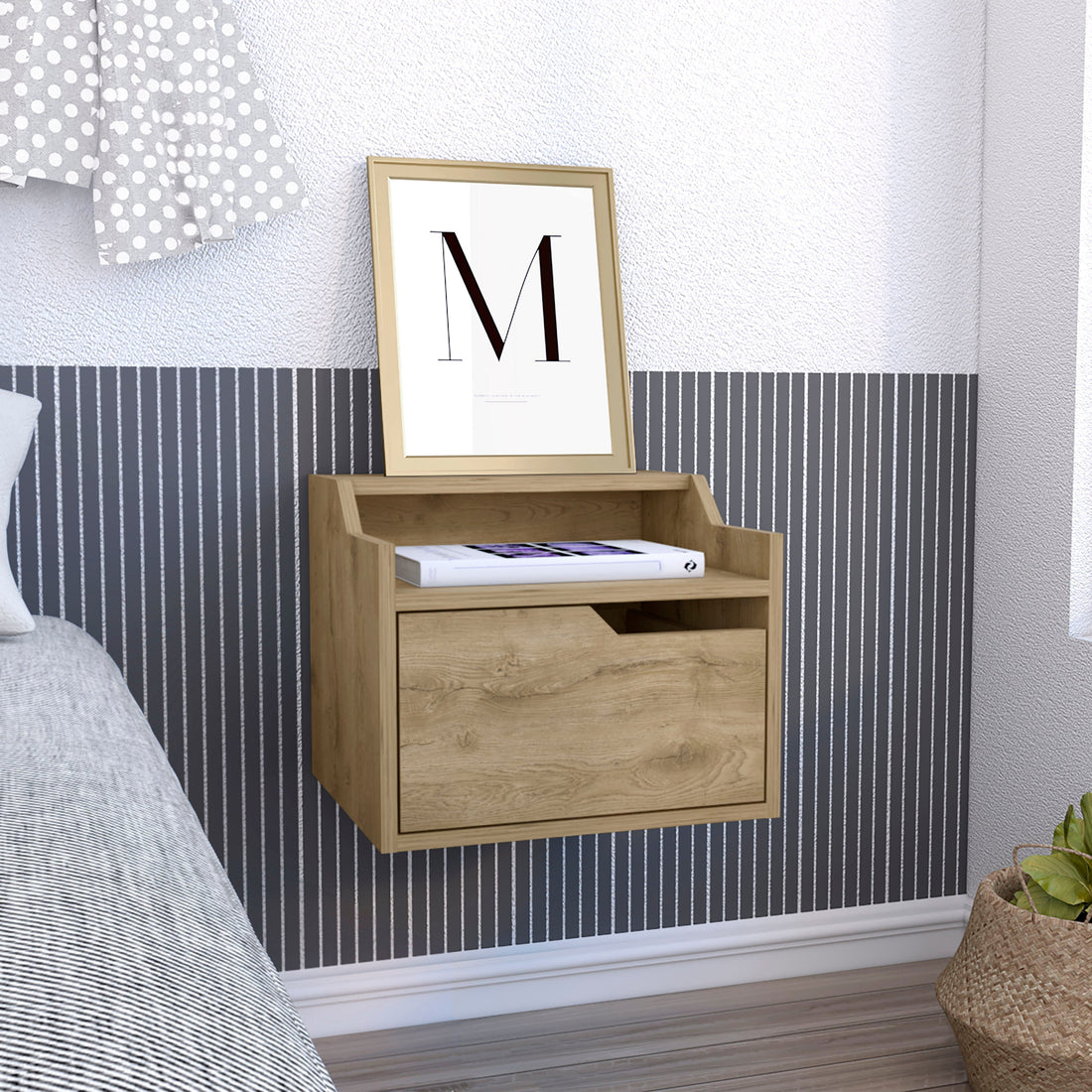 Busan Modern Floating Nightstandend Table, Side Table Single Drawer Design With Sleek Two Tiered Top Shelf Surfaces Beige Particle Board Particle Board