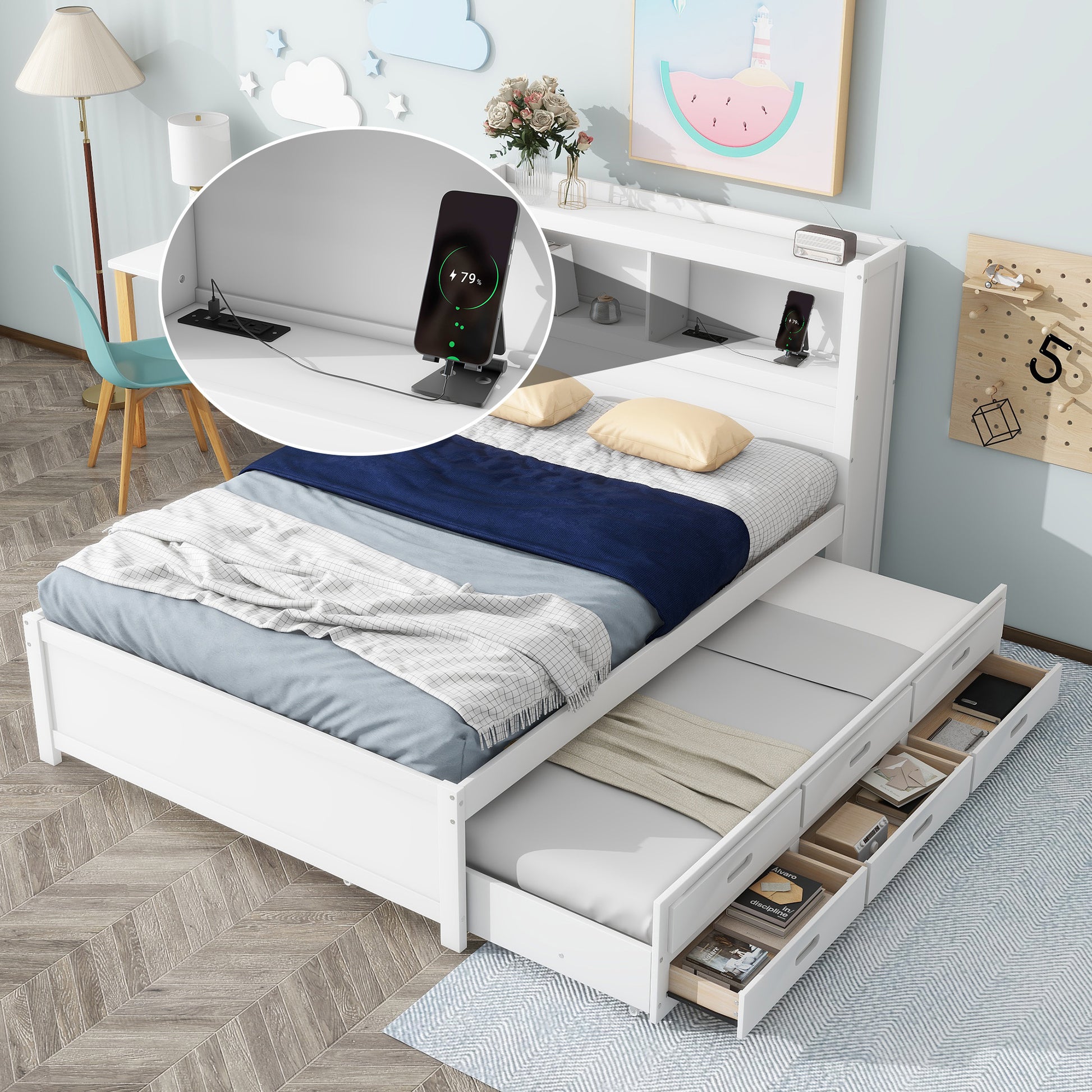 Full Size Platform Bed With Trundle, Drawers And Usb Plugs, White Full White Pine