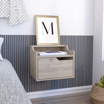 Busan Modern Floating Nightstandend Table, Side Table Single Drawer Design With Sleek Two Tiered Top Shelf Surfaces Light Grey Bedroom Gray Particle Board Particle Board