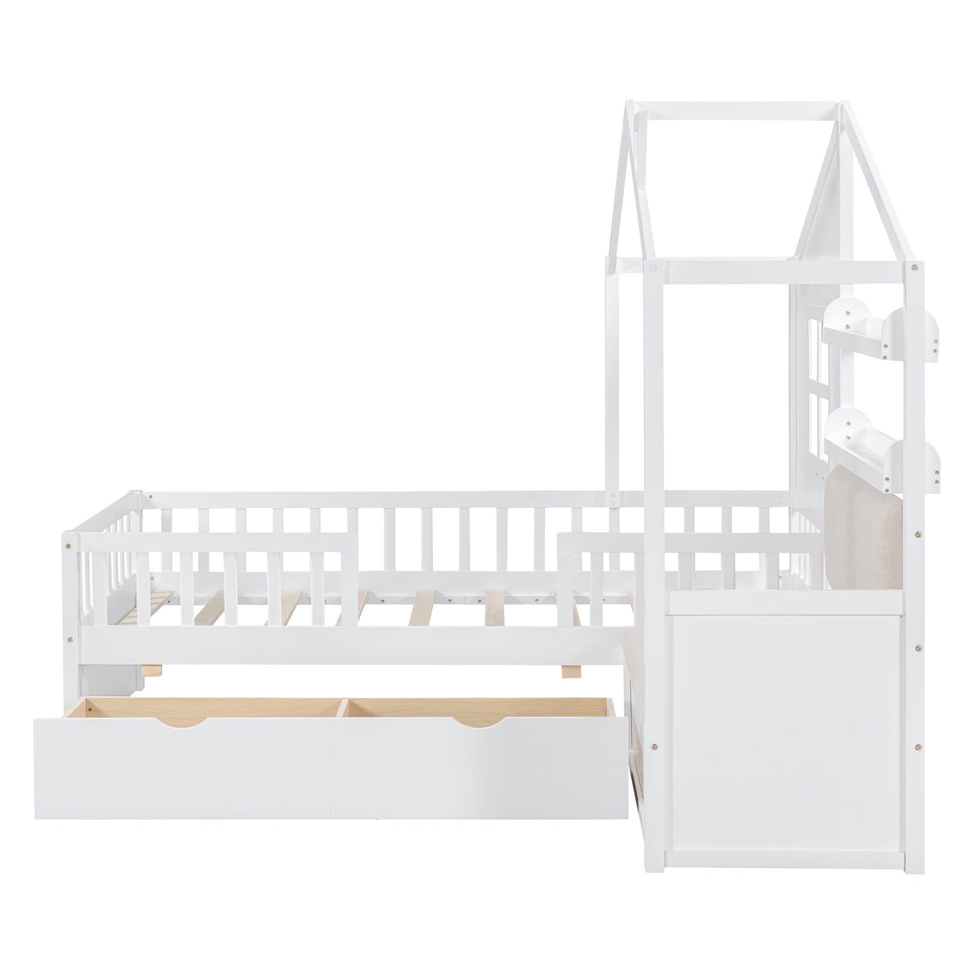 Twin Size House Bed With Sofa, Kids Platform Bed With Two Drawers And Storage Shelf, White White Wood