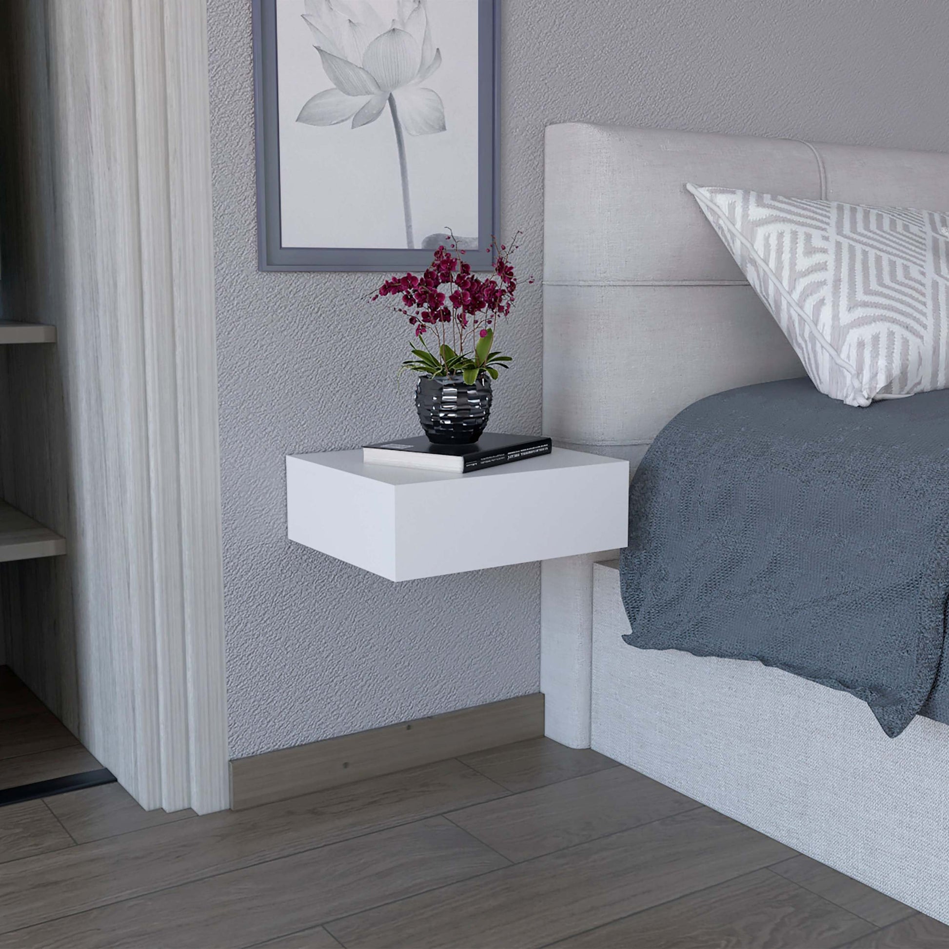 Milano Floating Nightstandend Table, Side Table Wall Mounted With Drawer White Bedroom White Particle Board Particle Board