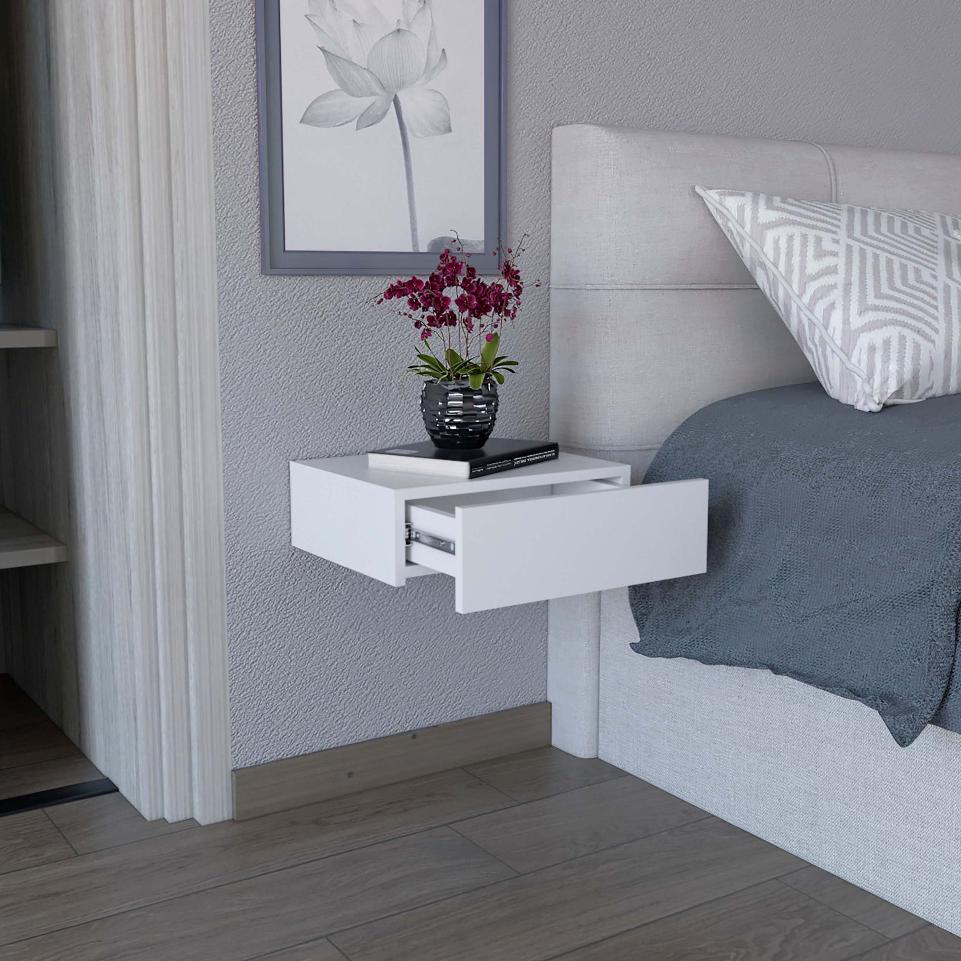 Milano Floating Nightstandend Table, Side Table Wall Mounted With Drawer White Bedroom White Particle Board Particle Board