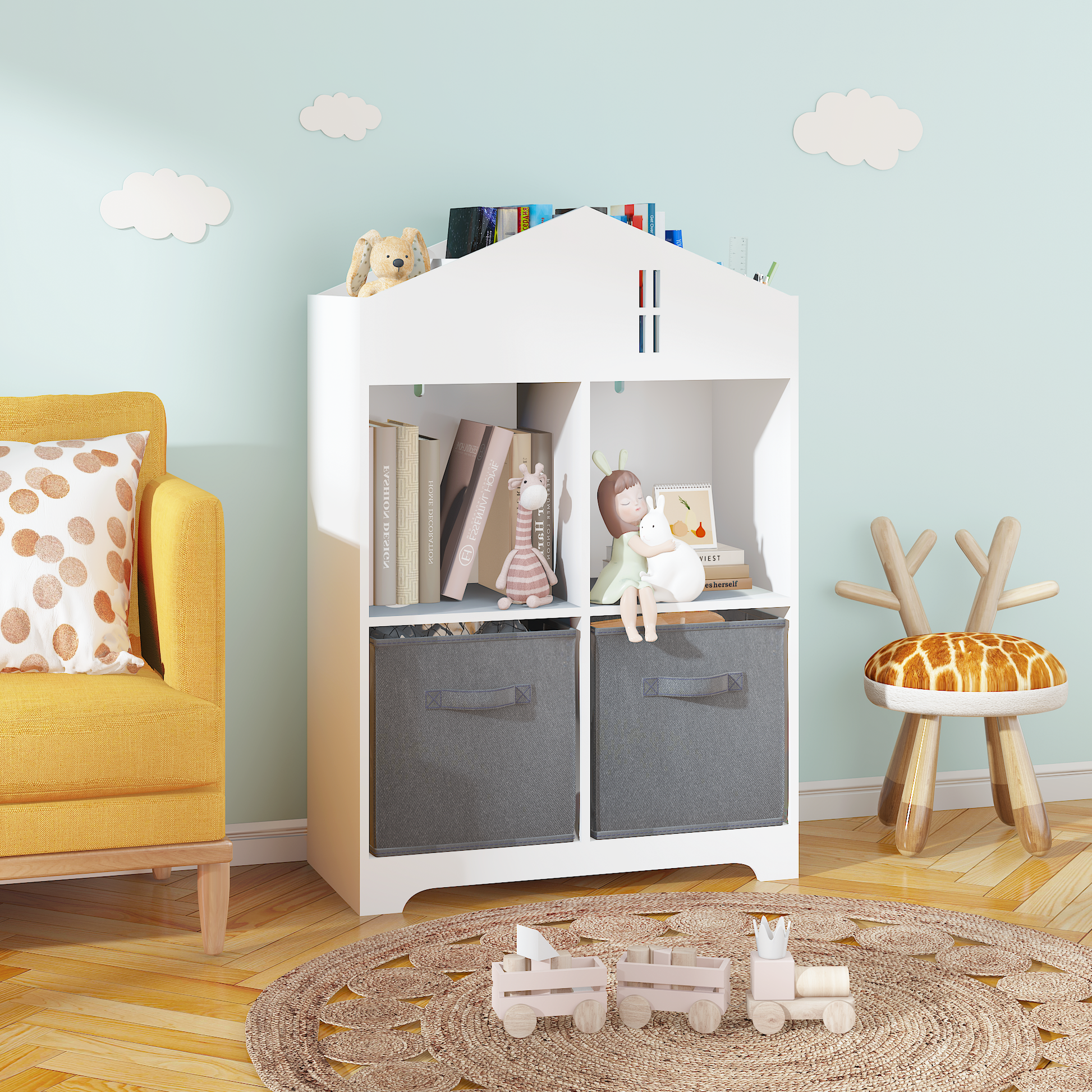 Kids Dollhouse Bookcase With Storage, 2 Tier Storage Display Organizer, Toddler Bookshelf With 2 Collapsible Fabric Drawers For Bedroom Or Playroom White Gray White Gray Mdf