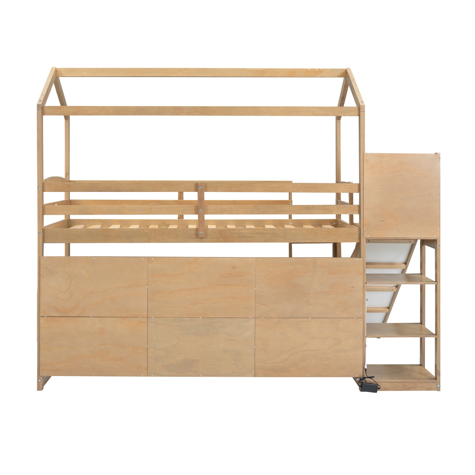 Twin Size Wood House Loft Bed With Slide, Storage Shelves And Light, Climbing Ramp, Wood Color Box Spring Not Required Wood Wood Bedroom Solid Wood Mdf