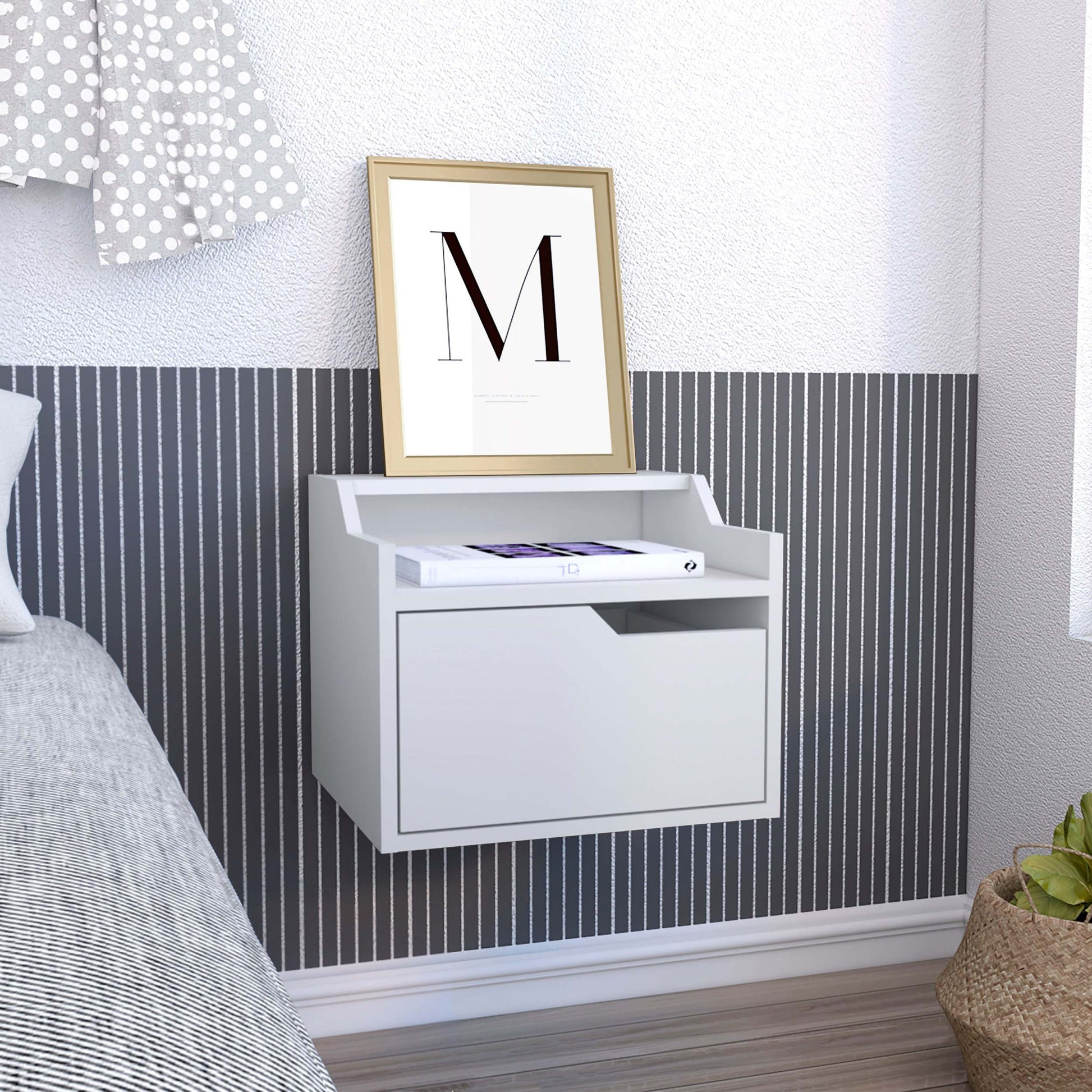 Busan Modern Floating Nightstandend Table, Side Table Single Drawer Design With Sleek Two Tiered Top Shelf Surfaces White Bedroom White Particle Board Particle Board