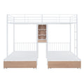 Full Over Twin & Twin Triple Bunk Bed With Drawers, Multi Functional Metal Frame Bed With Desks And Shelves In The Middle, White White Metal