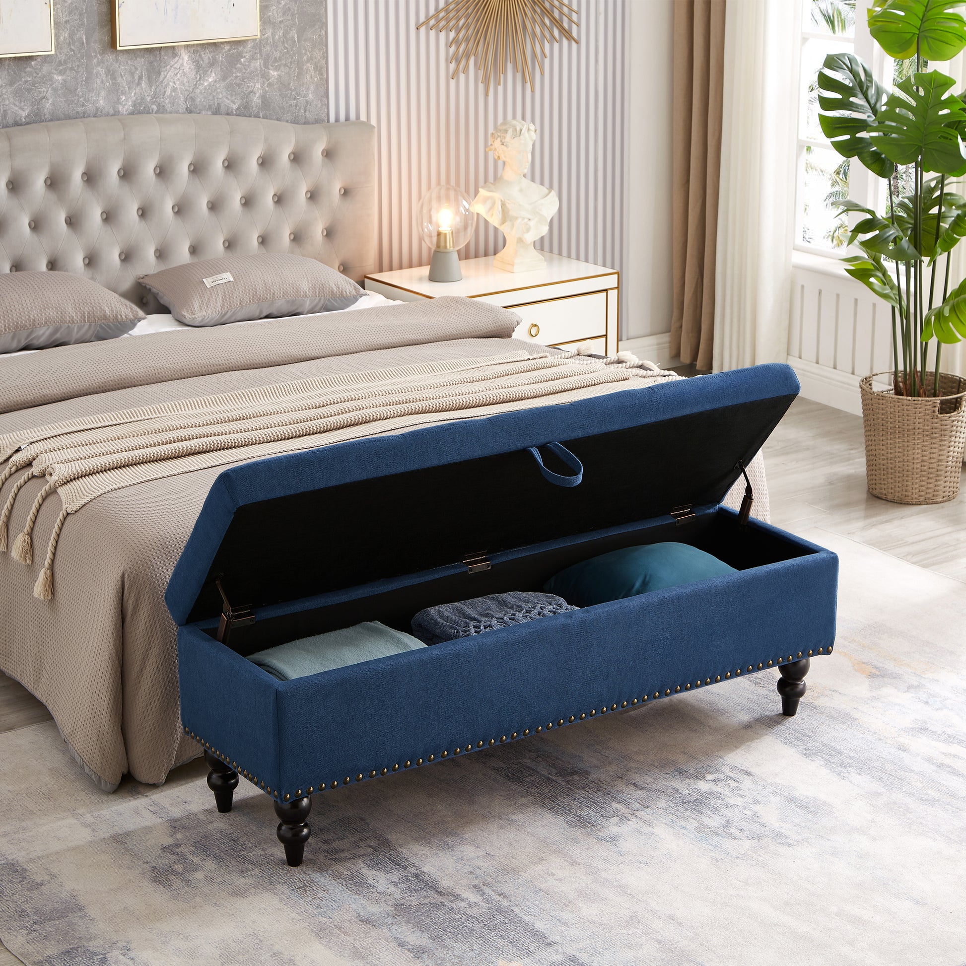 59" Bed Bench With Storage Blue Fabric Blue Foam Cotton Linen