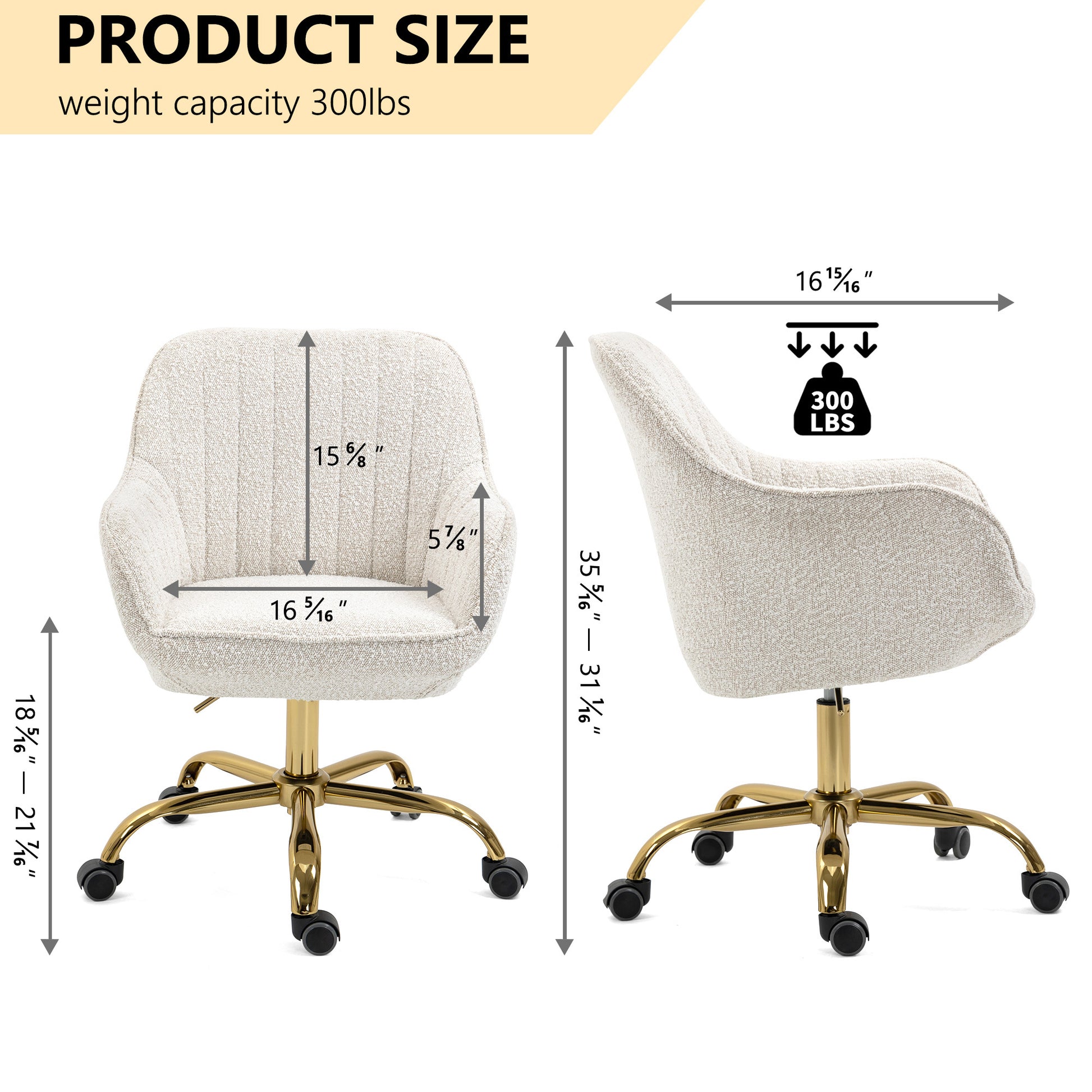 360 Beige Boucle Fabric Swivel Chair With High Back, Adjustable Working Chair With Golden Color Base Beige Velvet