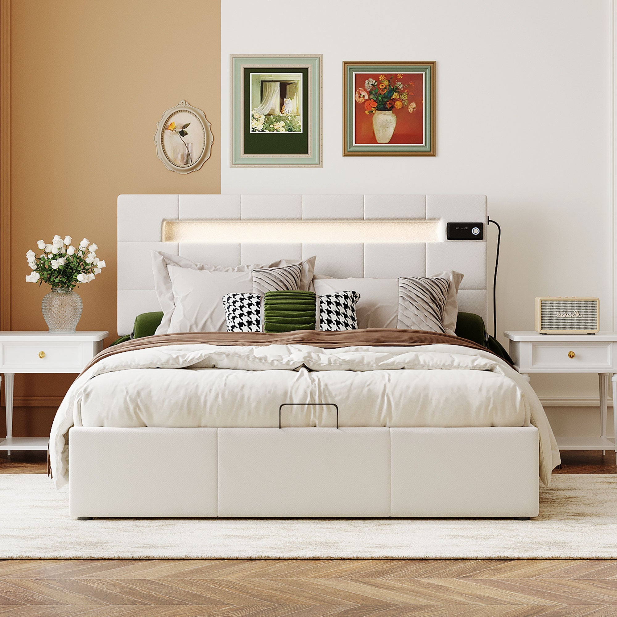 Full Size Upholstered Bed with LED Light and beige-velvet