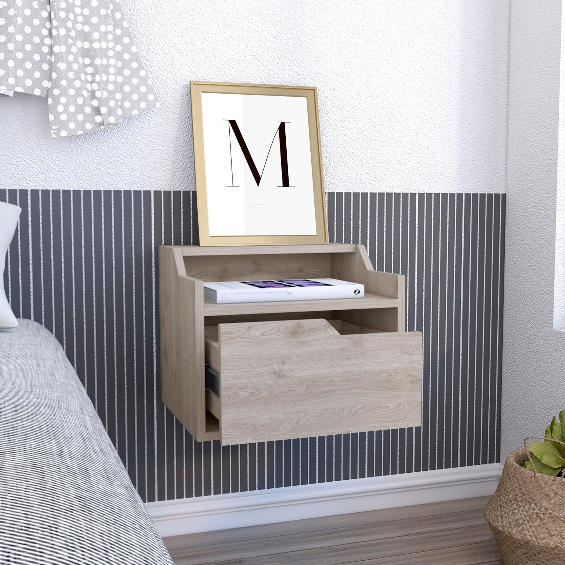 Busan Modern Floating Nightstandend Table, Side Table Single Drawer Design With Sleek Two Tiered Top Shelf Surfaces Light Grey Bedroom Gray Particle Board Particle Board