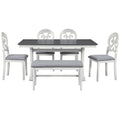 Mid Century 6 Piece Trestle Table Set With Victorian Round Upholstered Dining Chairs And Long Bench, Gray Antique White Wood Dining Room Bench Seating Rubberwood Rectangular Dining Table With Chair And Bench Upholstered Chair Wood Antique White Seats 6