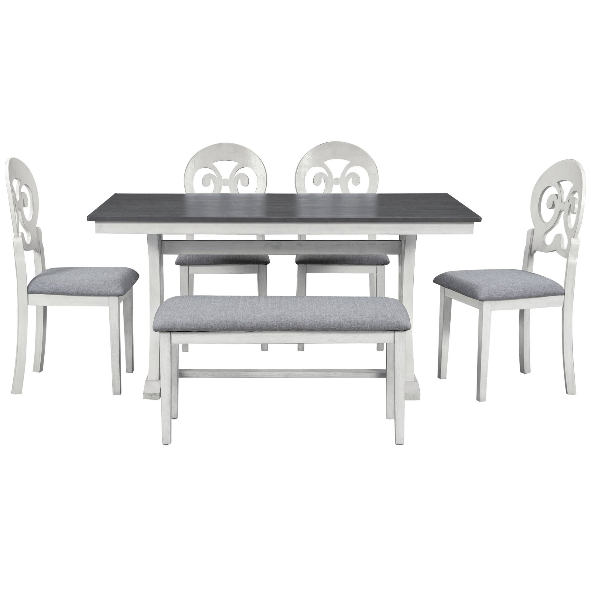 Mid Century 6 Piece Trestle Table Set With Victorian Round Upholstered Dining Chairs And Long Bench, Gray Antique White Wood Dining Room Bench Seating Rubberwood Rectangular Dining Table With Chair And Bench Upholstered Chair Wood Antique White Seats 6