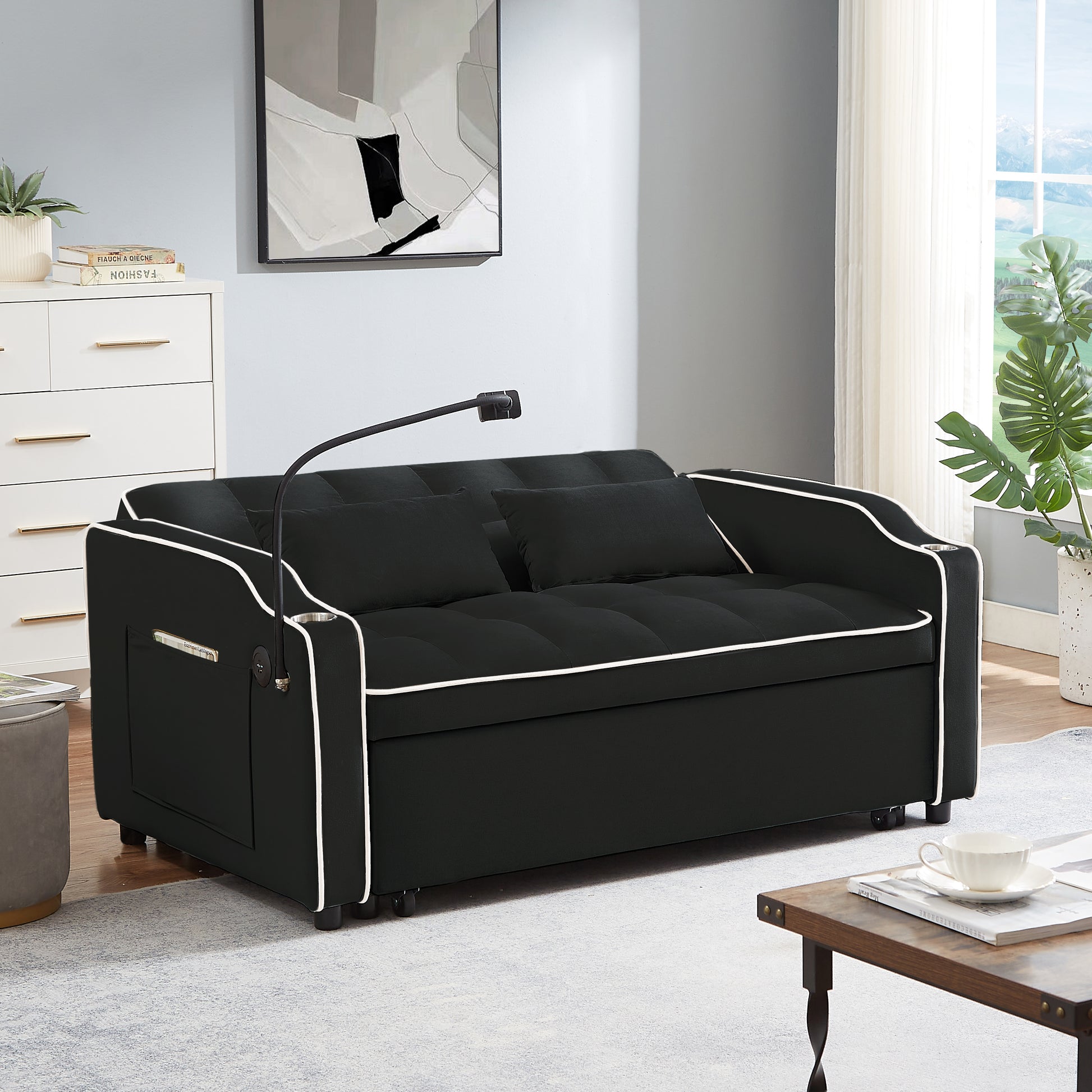 1 Versatile Foldable Sofa Bed In 3 Lengths, Modern Sofa Sofa Sofa Velvet Pull Out Bed, Adjustable Back And With Usb Port And Ashtray And Swivel Phone Stand Black Black Eucalyptus Solid Wood Mdf Resin