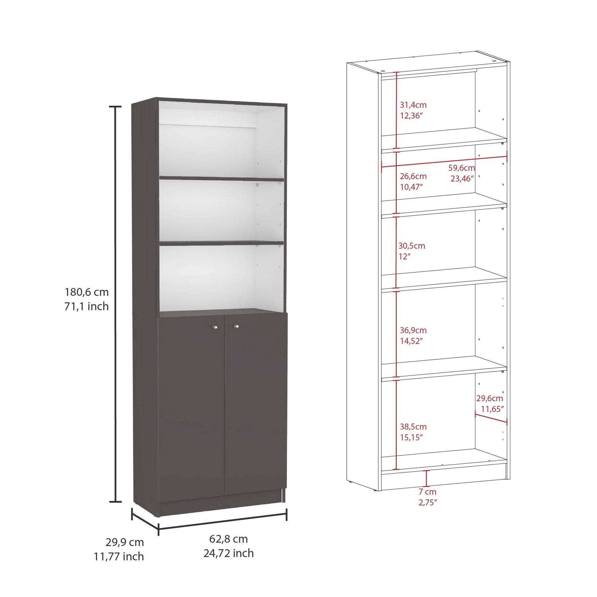 Home 2 Door Bookcase, Modern Storage Unit With Dual Doors And Multi Tier Shelves Matt Gray White Office Multi Particle Board Particle Board