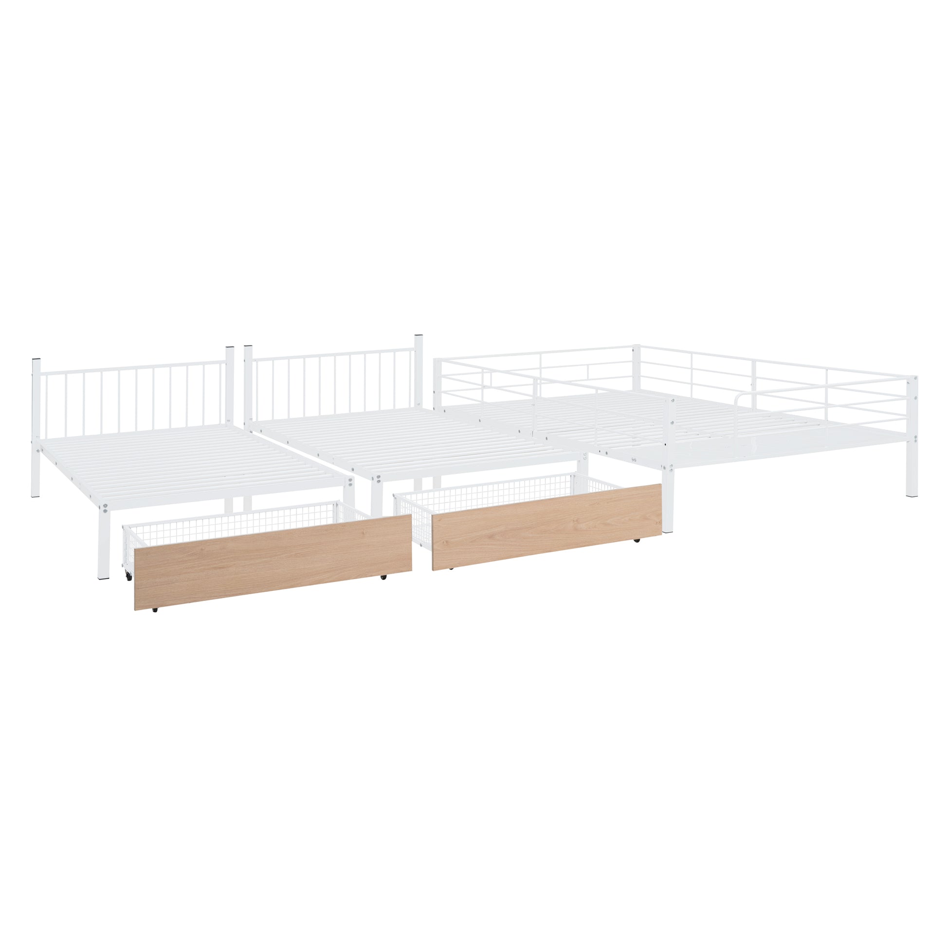 Full Over Twin & Twin Triple Bunk Bed With Drawers, Multi Functional Metal Frame Bed With Desks And Shelves In The Middle, White White Metal