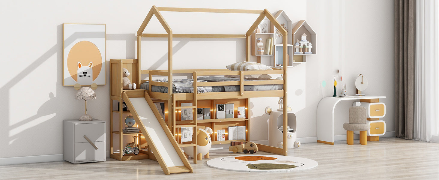 Twin Size Wood House Loft Bed With Slide, Storage Shelves And Light, Climbing Ramp, Wood Color Box Spring Not Required Wood Wood Bedroom Solid Wood Mdf