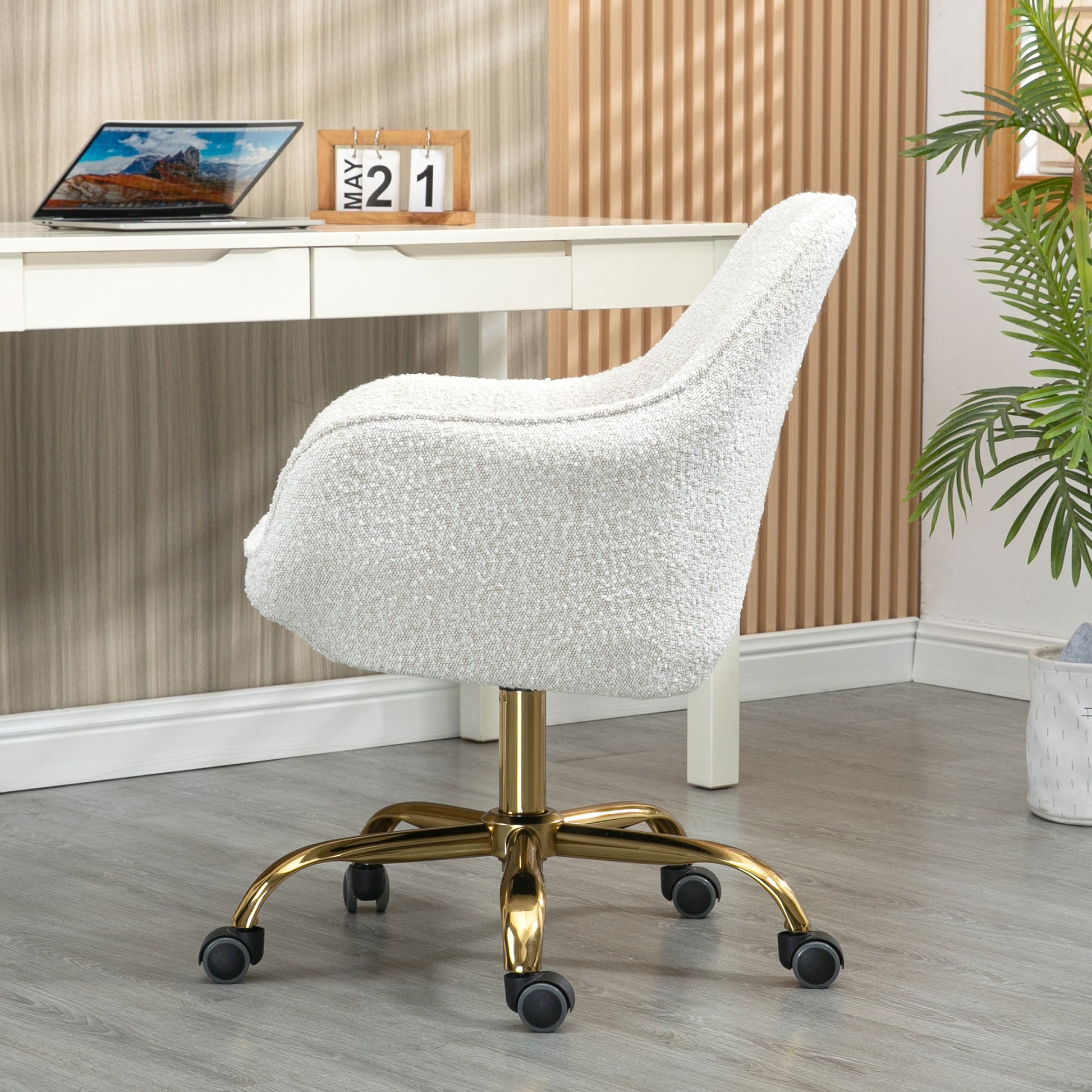 360 Beige Boucle Fabric Swivel Chair With High Back, Adjustable Working Chair With Golden Color Base Beige Velvet