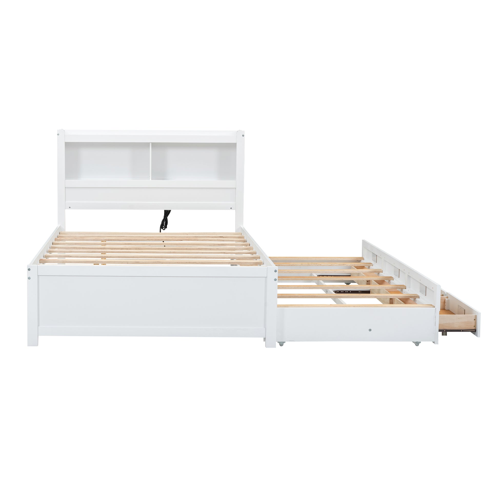 Full Size Platform Bed With Trundle, Drawers And Usb Plugs, White Full White Pine