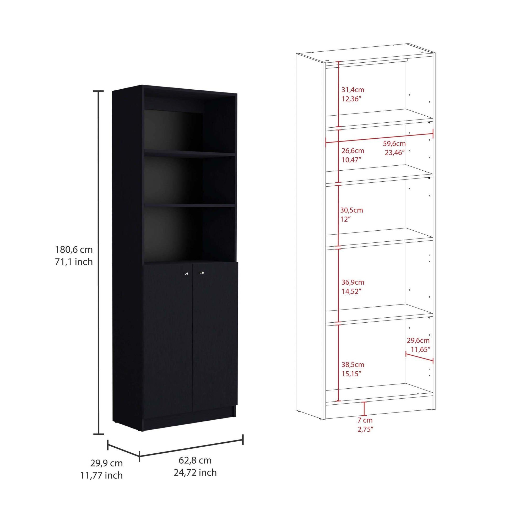 Home 2 Door Bookcase, Modern Storage Unit With Dual Doors And Multi Tier Shelves Black Particle Board Particle Board