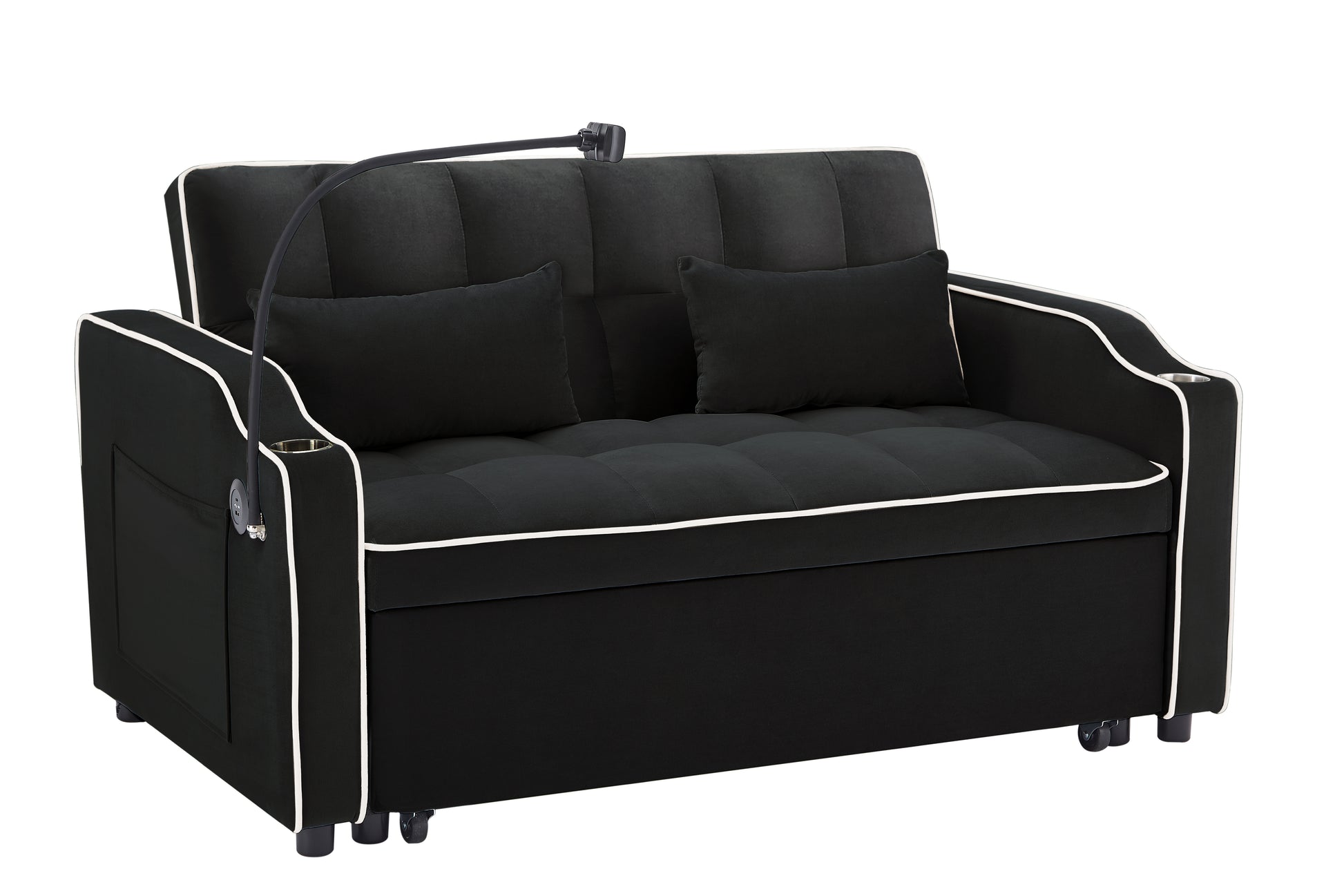 1 Versatile Foldable Sofa Bed In 3 Lengths, Modern Sofa Sofa Sofa Velvet Pull Out Bed, Adjustable Back And With Usb Port And Ashtray And Swivel Phone Stand Black Black Eucalyptus Solid Wood Mdf Resin