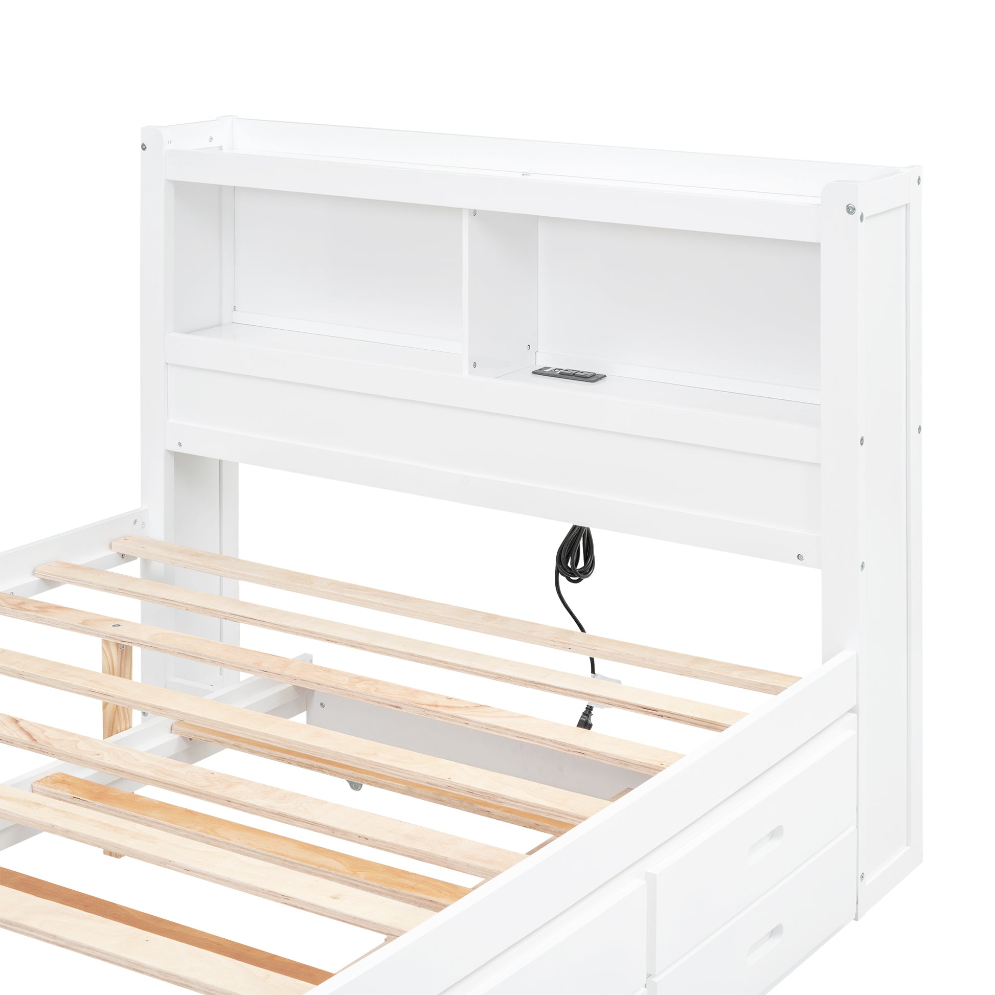 Full Size Platform Bed With Trundle, Drawers And Usb Plugs, White Full White Pine