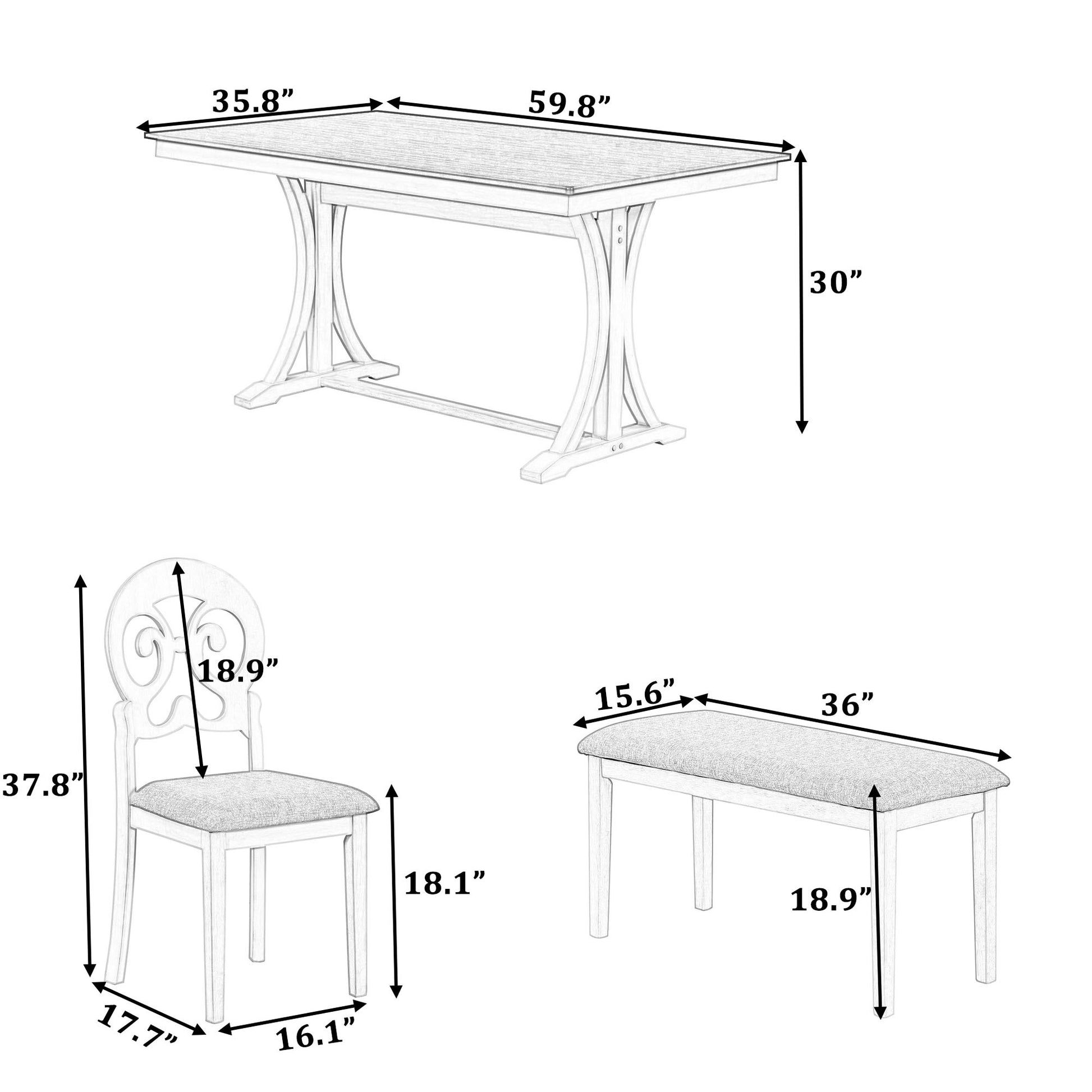 Mid Century 6 Piece Trestle Table Set With Victorian Round Upholstered Dining Chairs And Long Bench, Gray Antique White Wood Dining Room Bench Seating Rubberwood Rectangular Dining Table With Chair And Bench Upholstered Chair Wood Antique White Seats 6