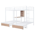 Full Over Twin & Twin Triple Bunk Bed With Drawers, Multi Functional Metal Frame Bed With Desks And Shelves In The Middle, White White Metal