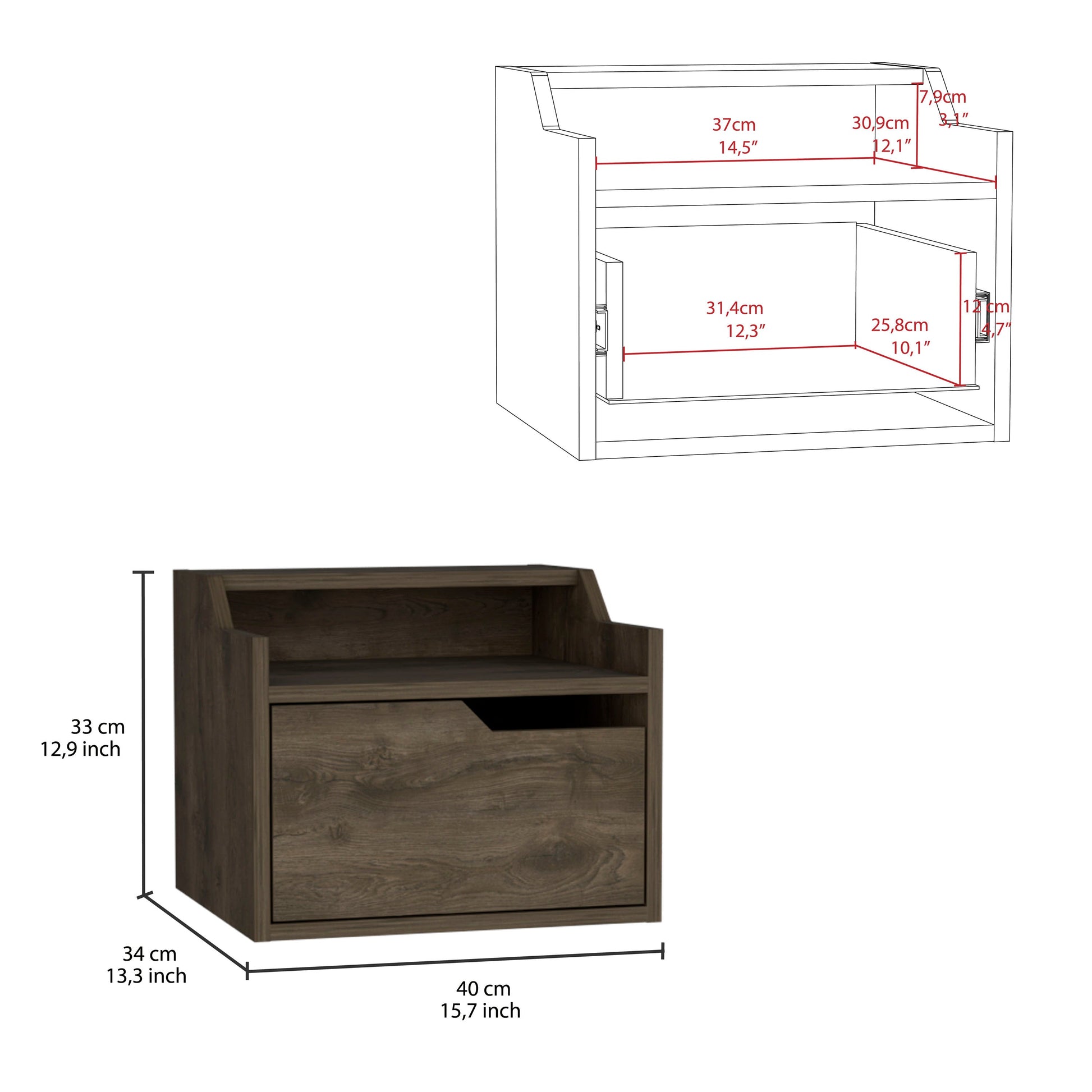 Busan Modern Floating Nightstandend Table, Side Table Single Drawer Design With Sleek Two Tiered Top Shelf Surfaces Dark Brown Bedroom Brown Particle Board Particle Board