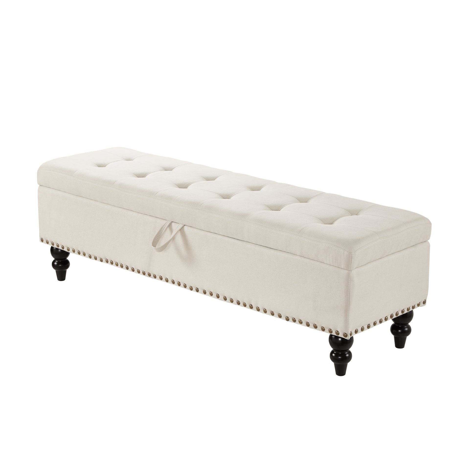 59" Bed Bench Ottoman With Storage Beige Fabric Beige Foam Cotton Linen