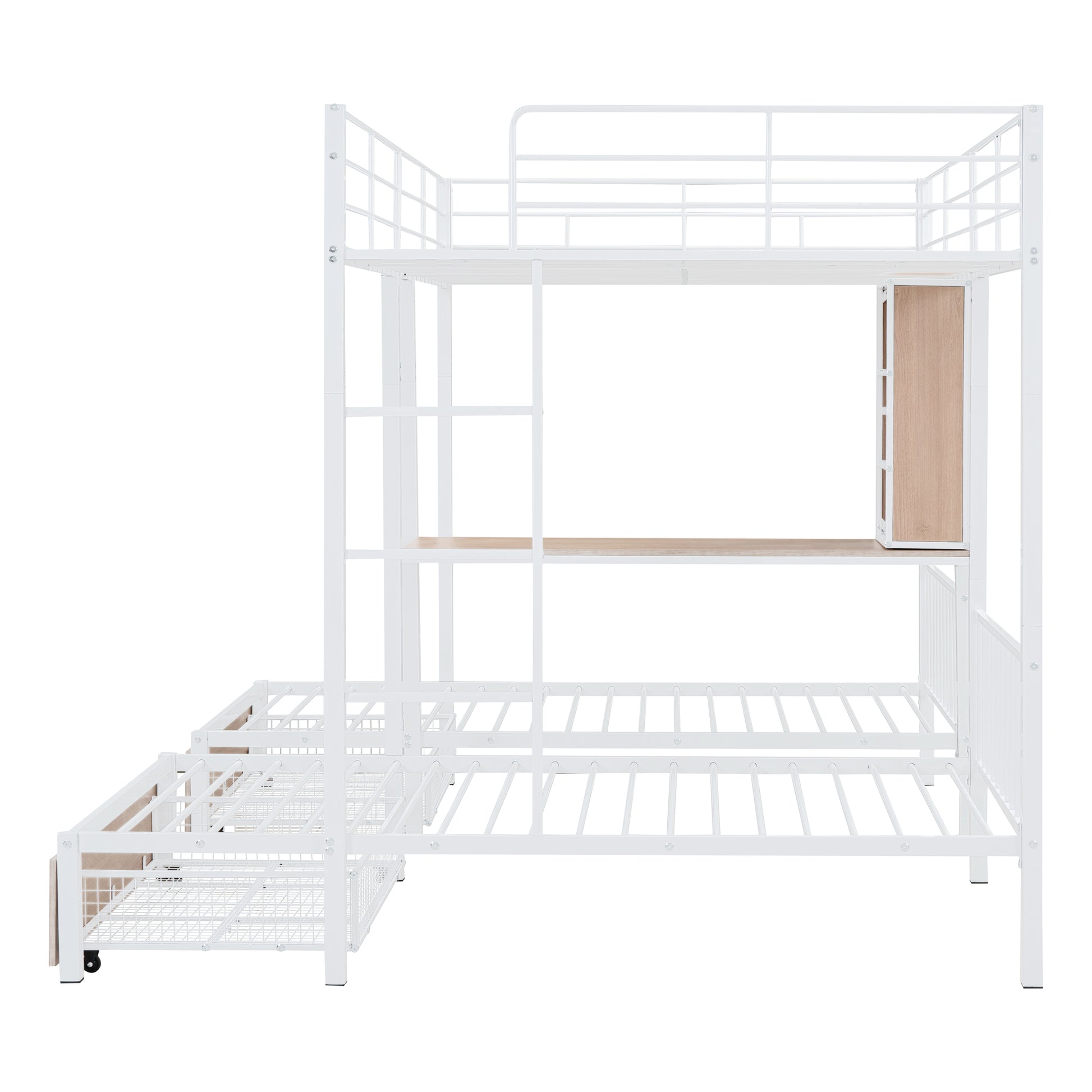 Full Over Twin & Twin Triple Bunk Bed With Drawers, Multi Functional Metal Frame Bed With Desks And Shelves In The Middle, White White Metal