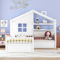 Twin Size House Bed With Sofa, Kids Platform Bed With Two Drawers And Storage Shelf, White White Wood