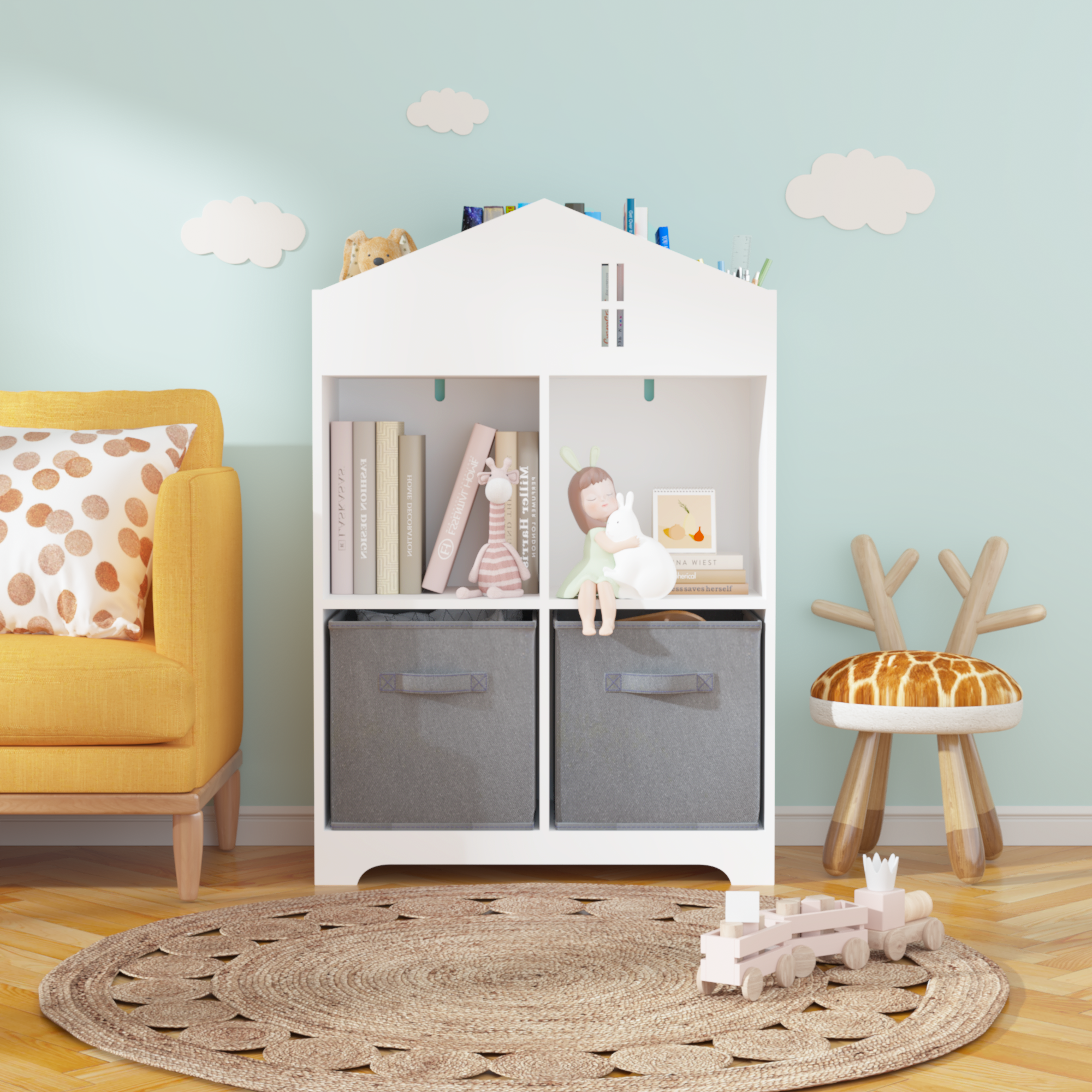 Kids Dollhouse Bookcase with Storage, 2 Tier Storage white+gray-mdf