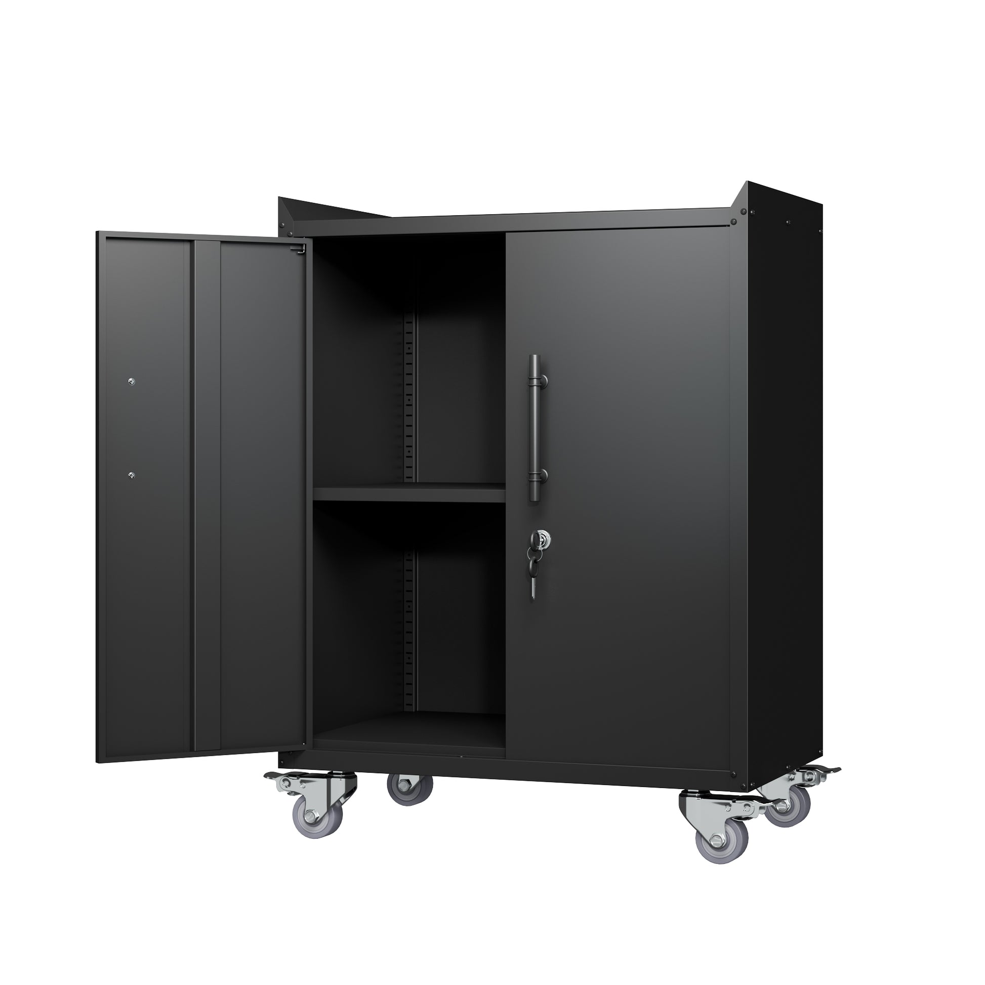 2 Door Tool Cabinets For Garage, Lockable Garage Storage Cabinet, Locking Metal Storage Cabinet With Wheels, Rolling Tool Chest, Assembly Required H34*W30.3*D18 Square 1 2 Shelves Powder Coated Black Office Adjustable Shelves American Traditional Steel