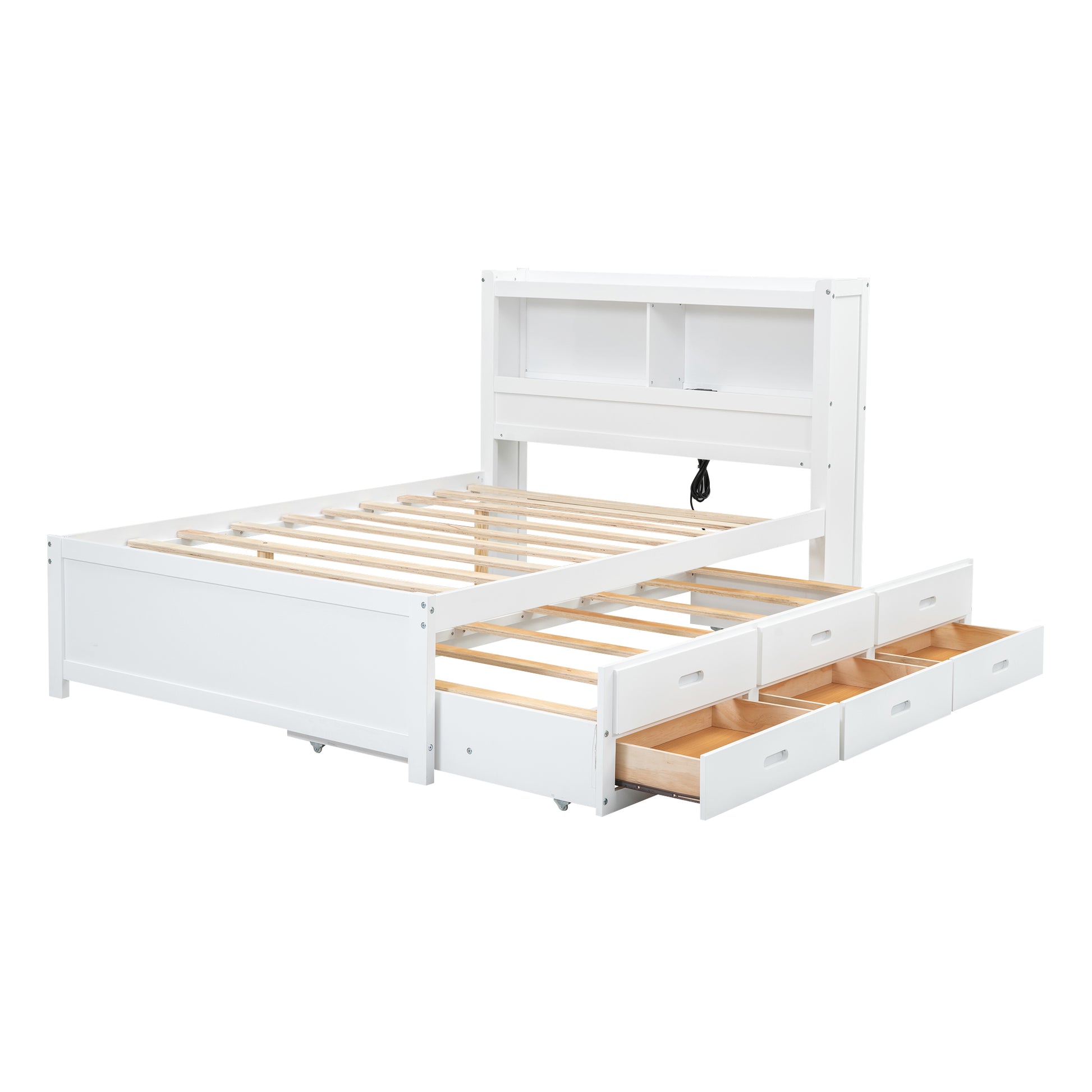 Full Size Platform Bed With Trundle, Drawers And Usb Plugs, White Full White Pine