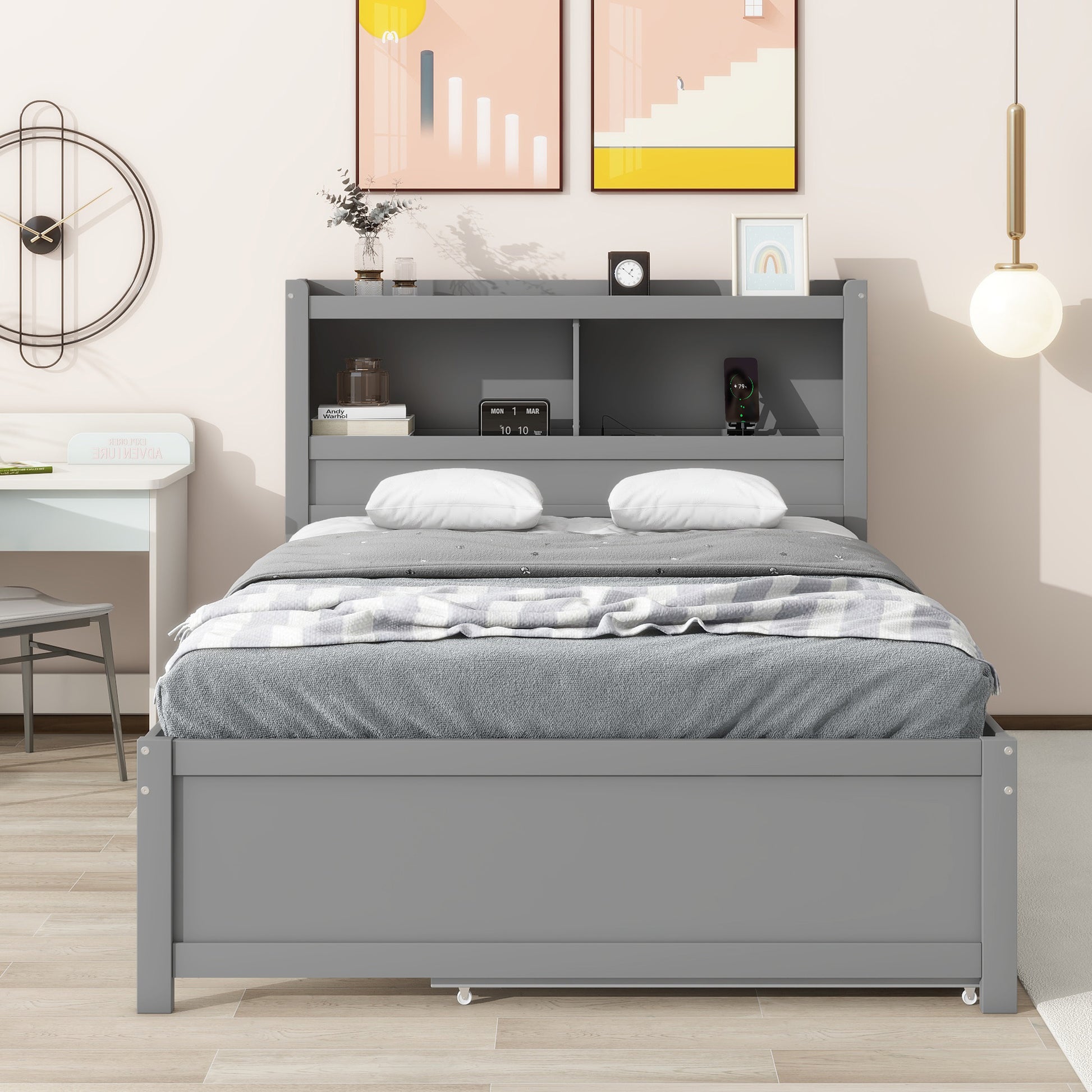 Full Size Platform Bed With Trundle, Drawers And Usb Plugs, Gray Full Gray Pine