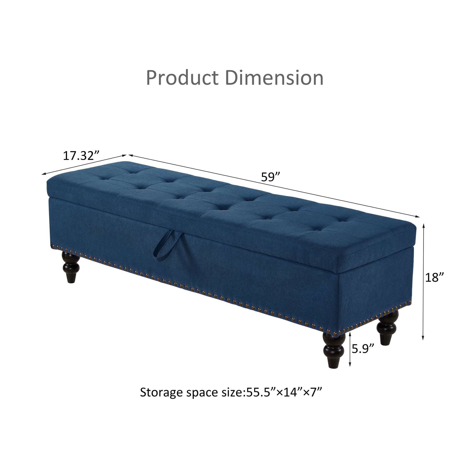 59" Bed Bench With Storage Blue Fabric Blue Foam Cotton Linen