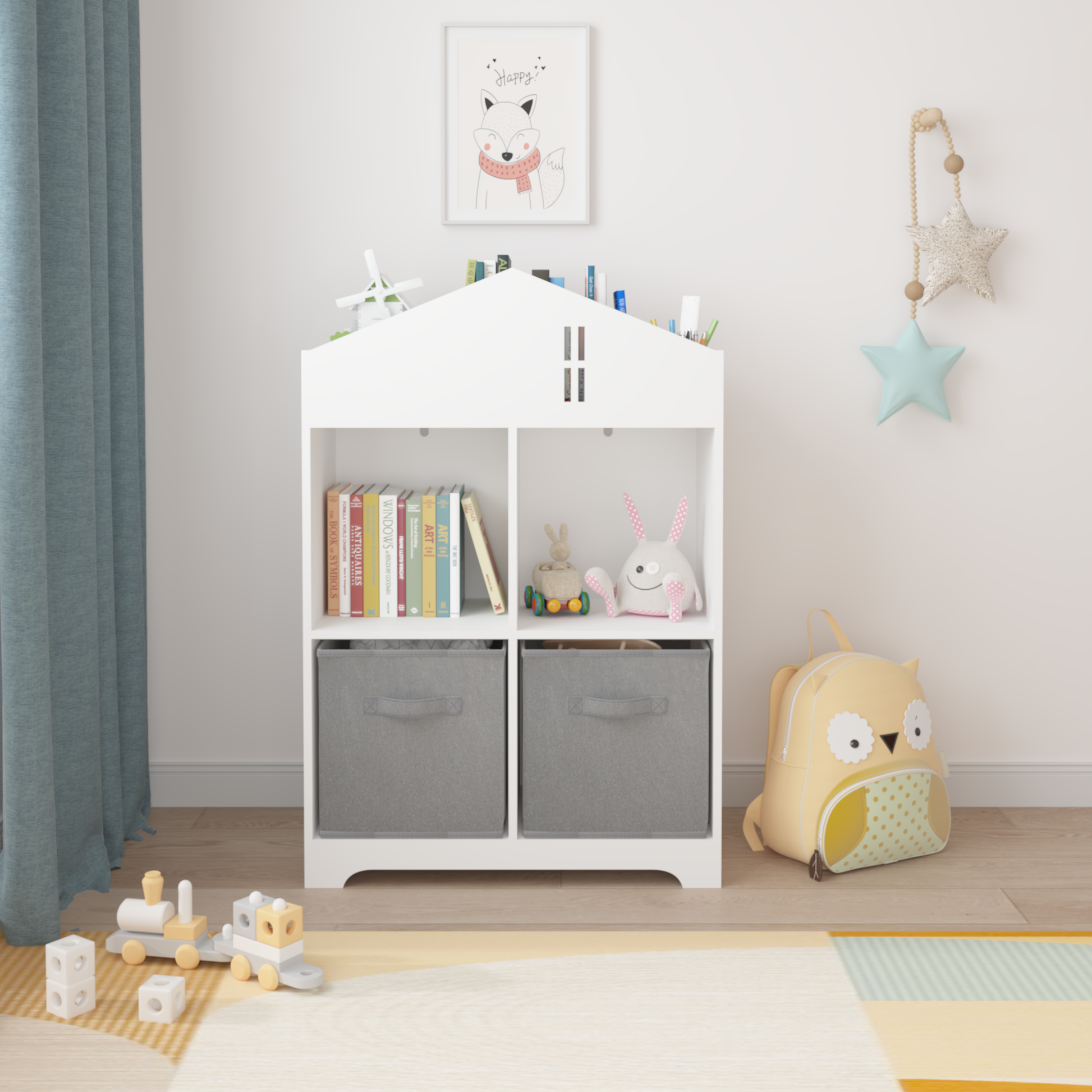 Kids Dollhouse Bookcase With Storage, 2 Tier Storage Display Organizer, Toddler Bookshelf With 2 Collapsible Fabric Drawers For Bedroom Or Playroom White Gray White Gray Mdf