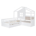 Twin Size House Bed With Sofa, Kids Platform Bed With Two Drawers And Storage Shelf, White White Wood