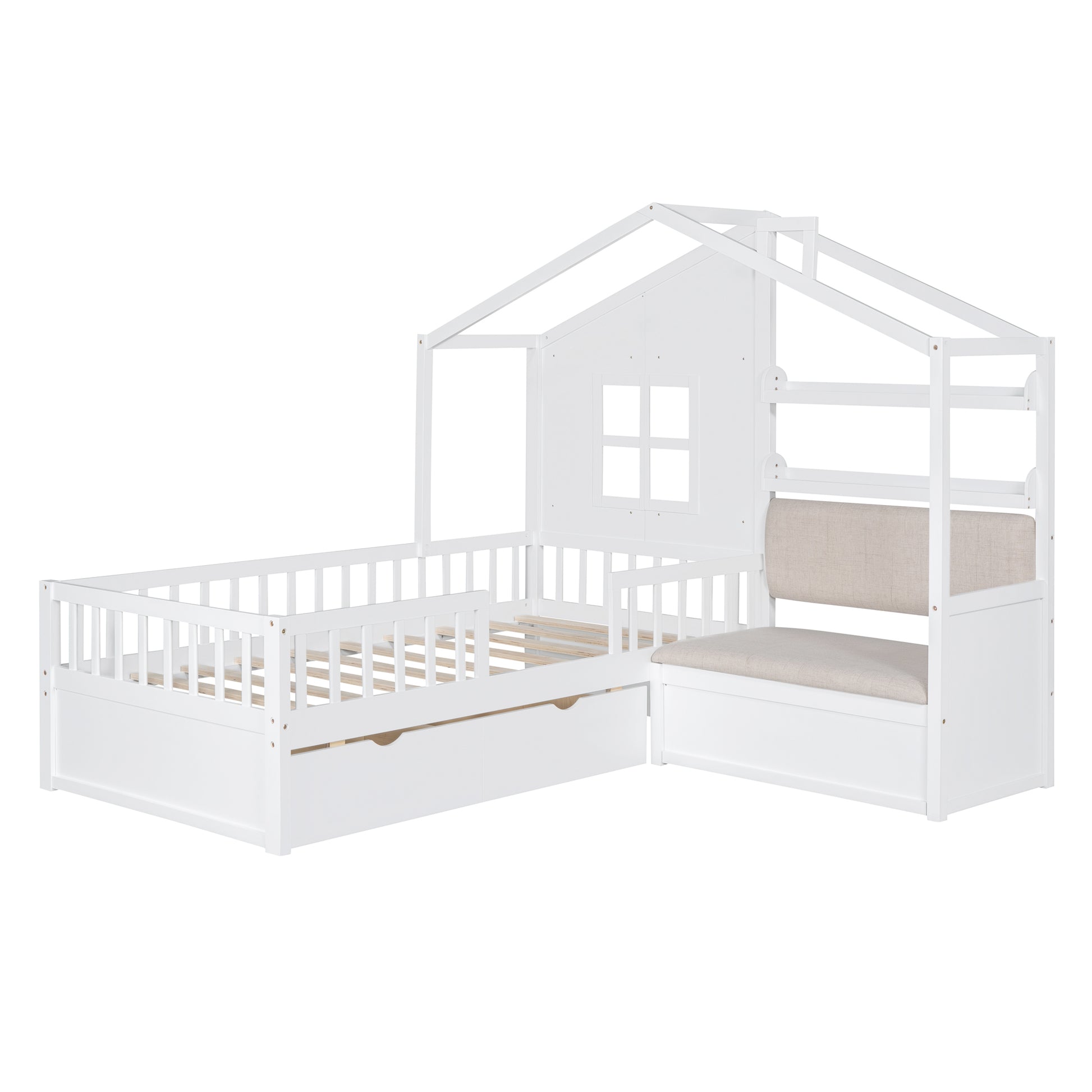 Twin Size House Bed With Sofa, Kids Platform Bed With Two Drawers And Storage Shelf, White White Wood