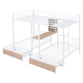 Full Over Twin & Twin Triple Bunk Bed With Drawers, Multi Functional Metal Frame Bed With Desks And Shelves In The Middle, White White Metal