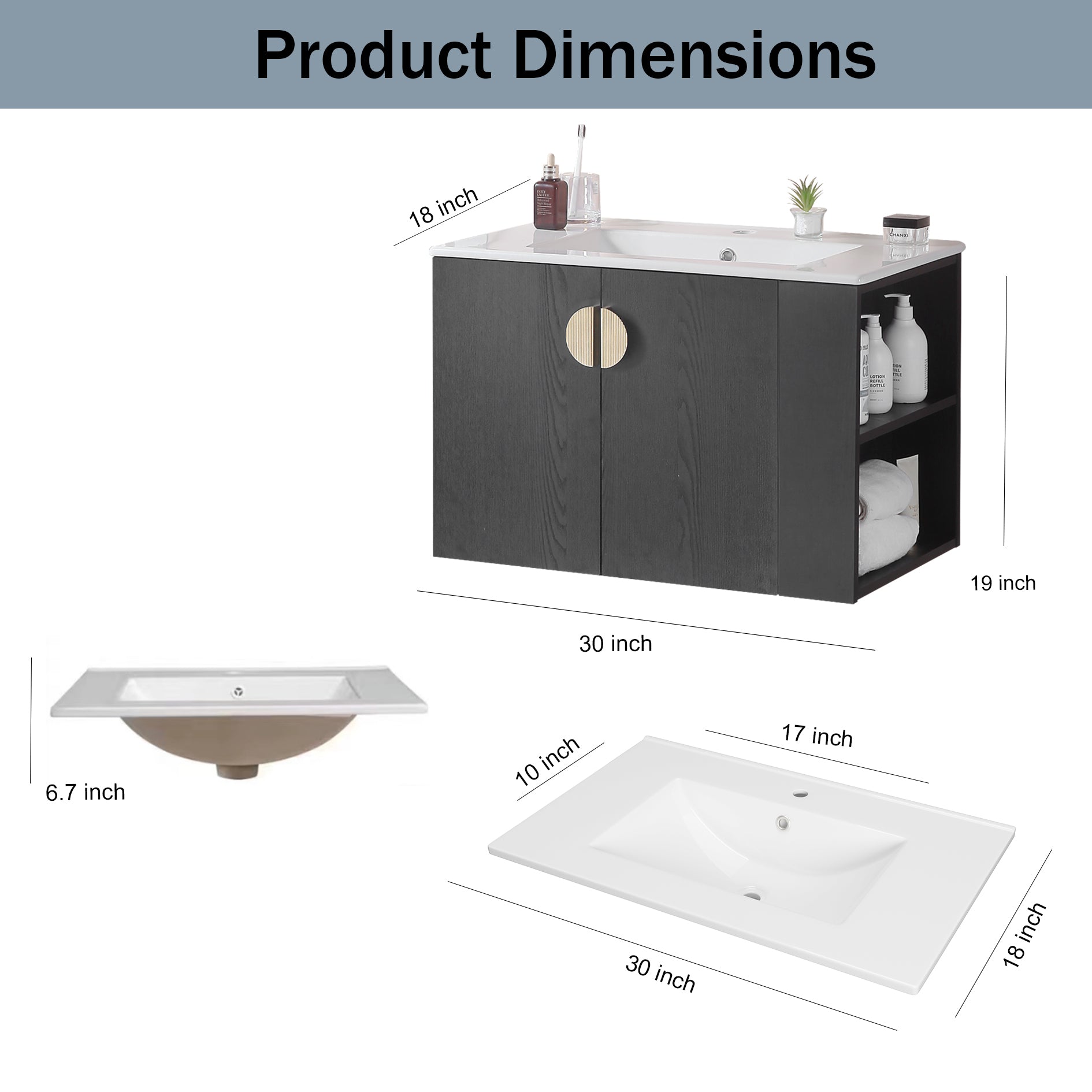 30" Bathroom Vanity with Sink,with two Doors Cabinet black-solid wood