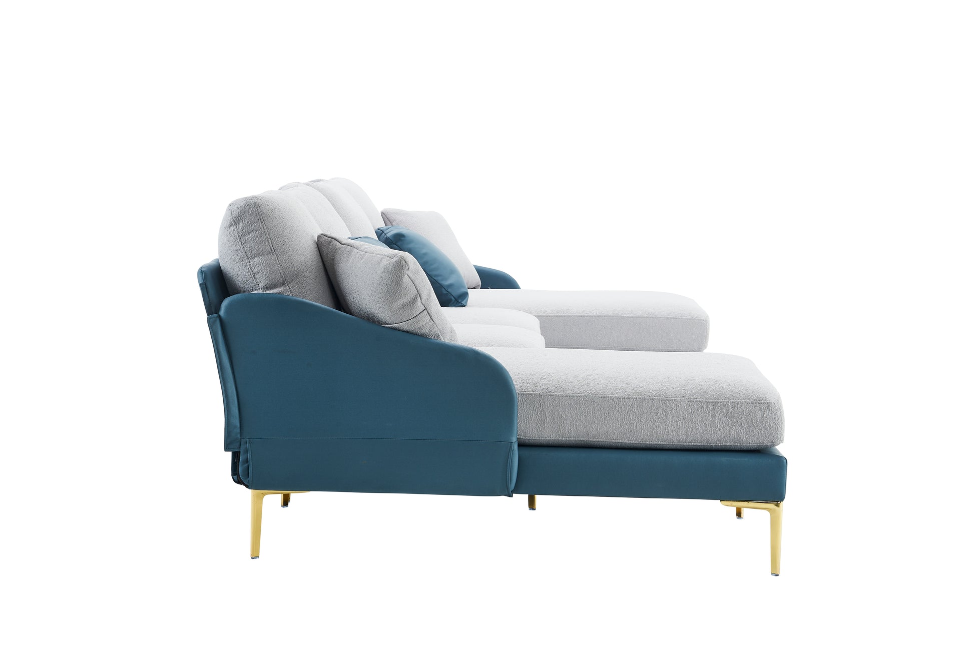 Modern Large Area Linen Leathaire Fabric Color Matching Segmented Sofa, Ultra Wide Lounge Chair, Golden Legs, U Shaped, Blue Light Gray Blue Grey Primary Living Space Wood