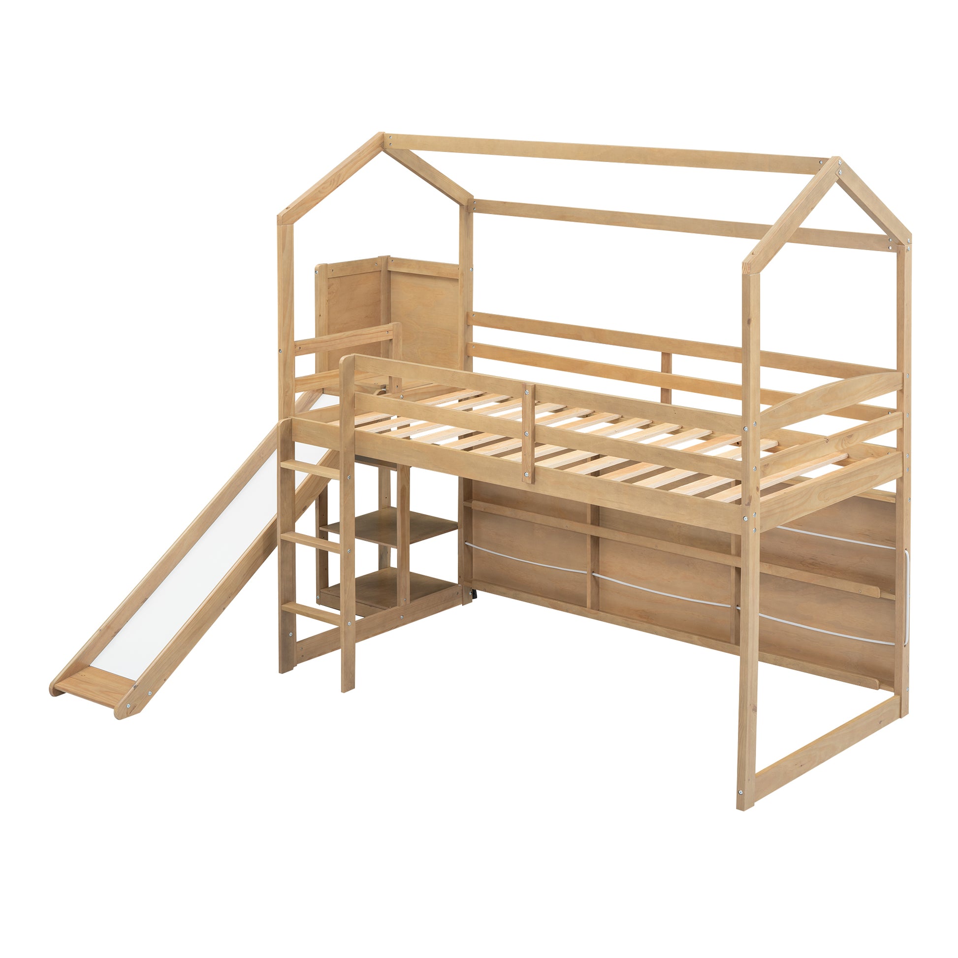 Twin Size Wood House Loft Bed With Slide, Storage Shelves And Light, Climbing Ramp, Wood Color Box Spring Not Required Wood Wood Bedroom Solid Wood Mdf