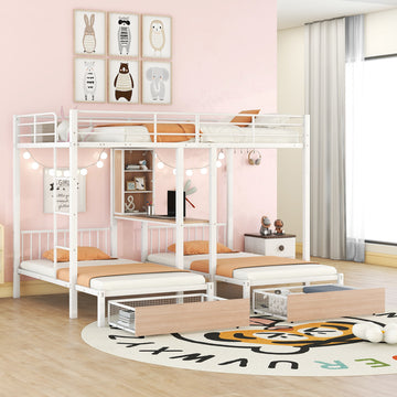 Full Over Twin & Twin Triple Bunk Bed With Drawers, Multi Functional Metal Frame Bed With Desks And Shelves In The Middle, White White Metal