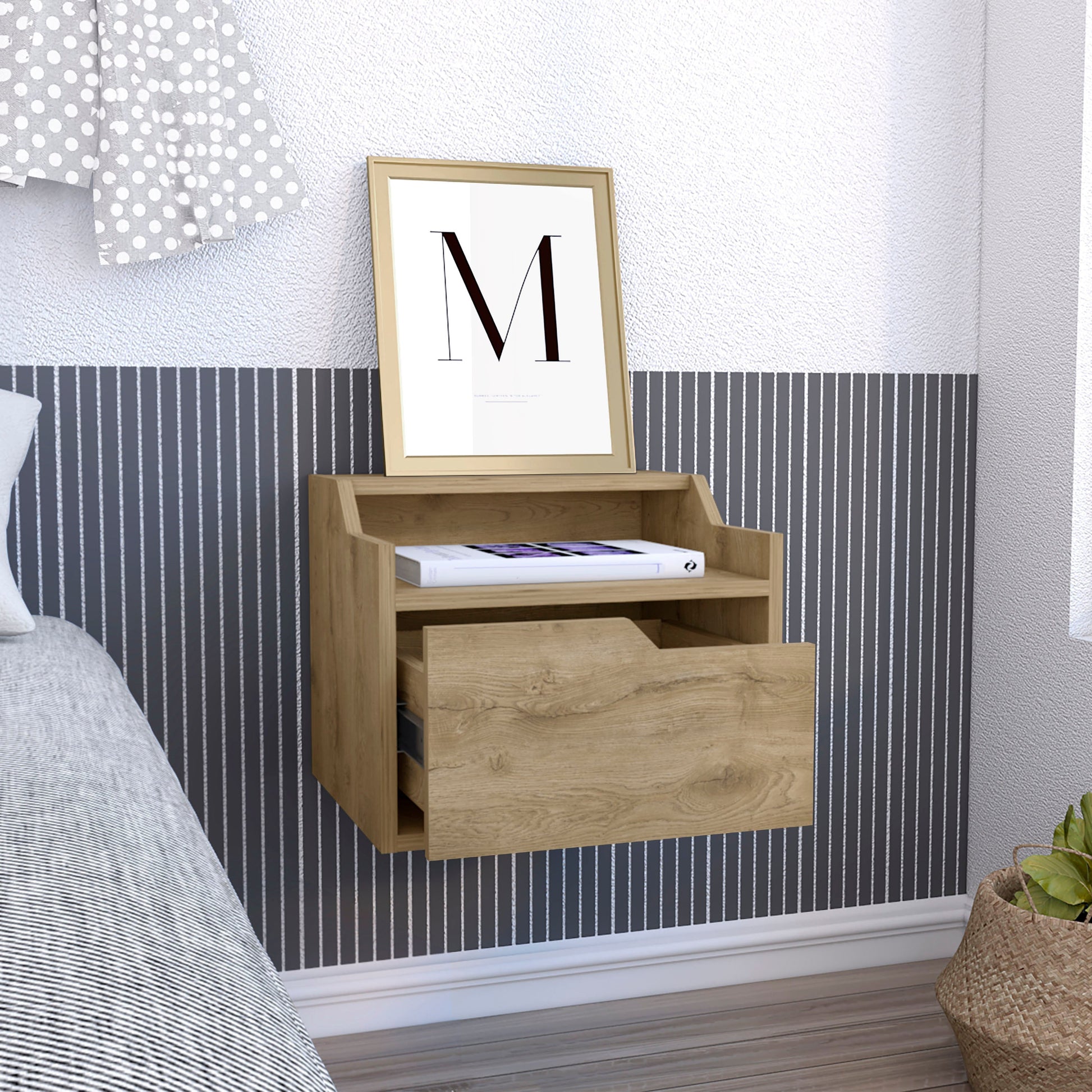 Busan Modern Floating Nightstandend Table, Side Table Single Drawer Design With Sleek Two Tiered Top Shelf Surfaces Beige Particle Board Particle Board