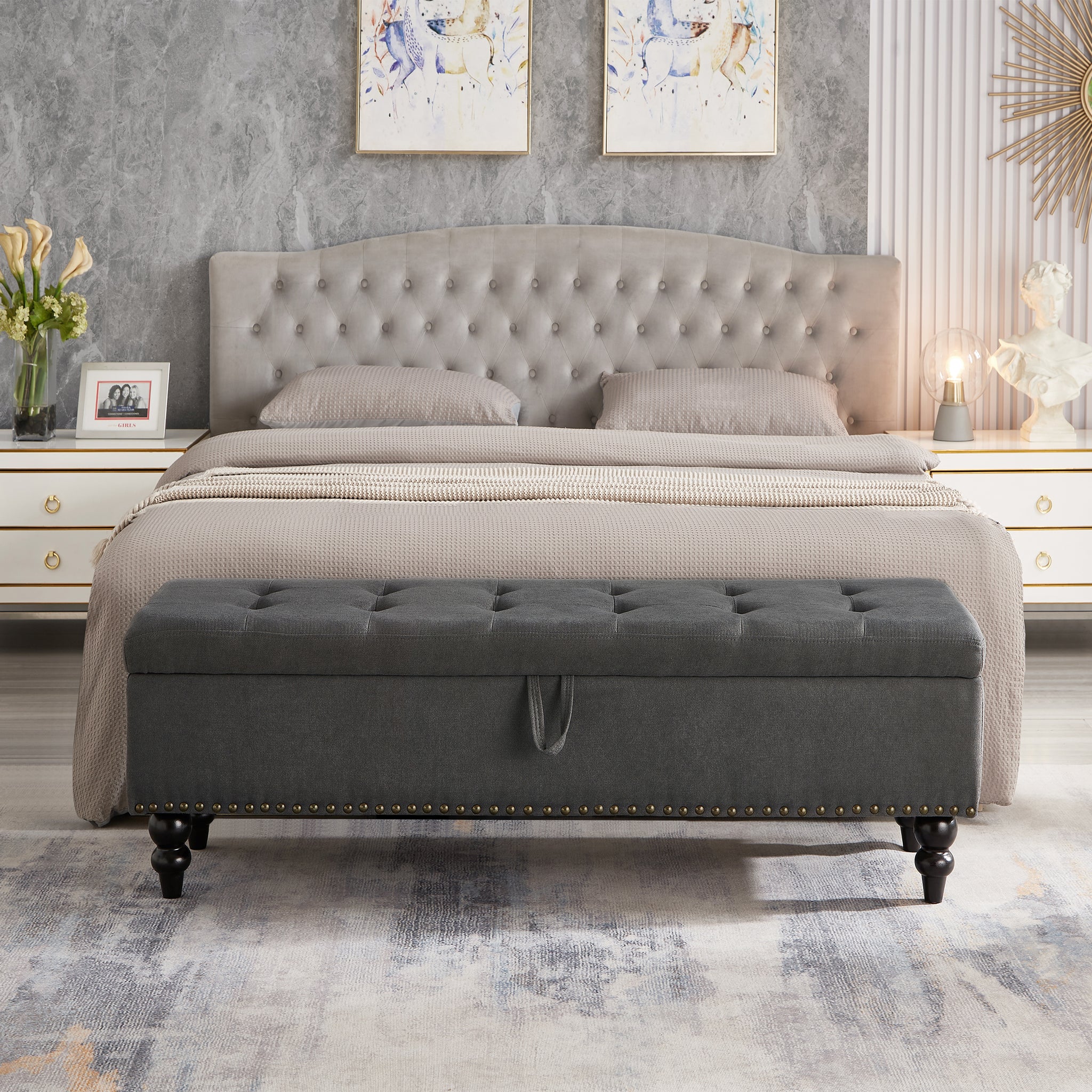 59" Bed Bench With Storage Grey Fabric Grey Foam Cotton Linen