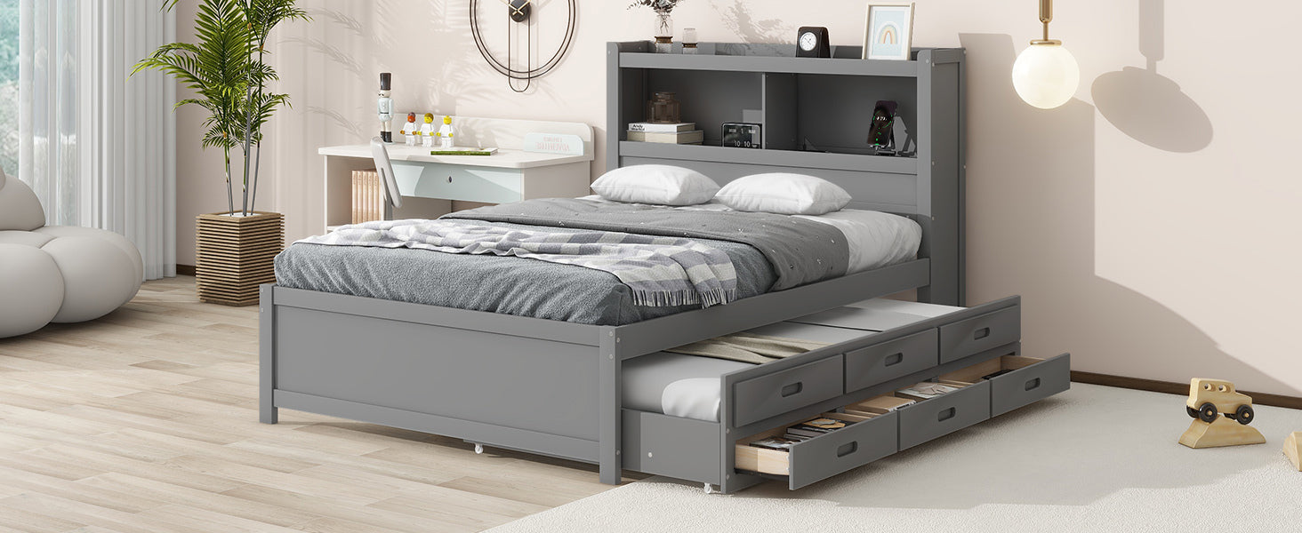 Full Size Platform Bed With Trundle, Drawers And Usb Plugs, Gray Full Gray Pine